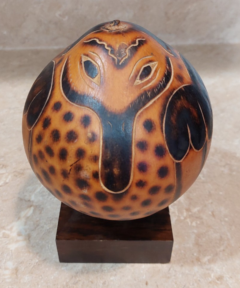 Peruvian Carved Gourd Folk Art Bird Owl Indigenous South America Desk Decor 8"
