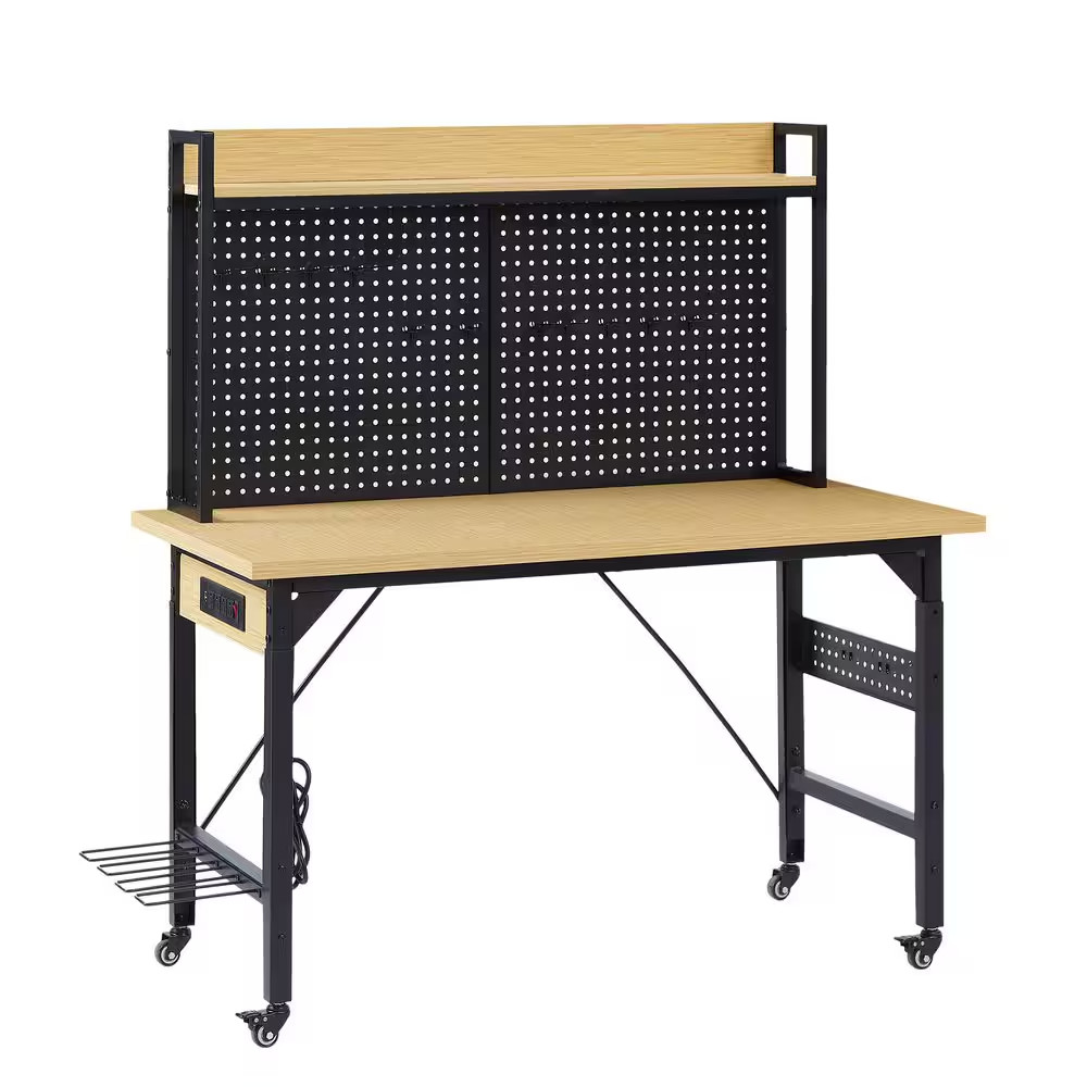 48 In. Adjustable Height Rolling Workbench with Pegboard-Heavy-Duty Wooden Deskt