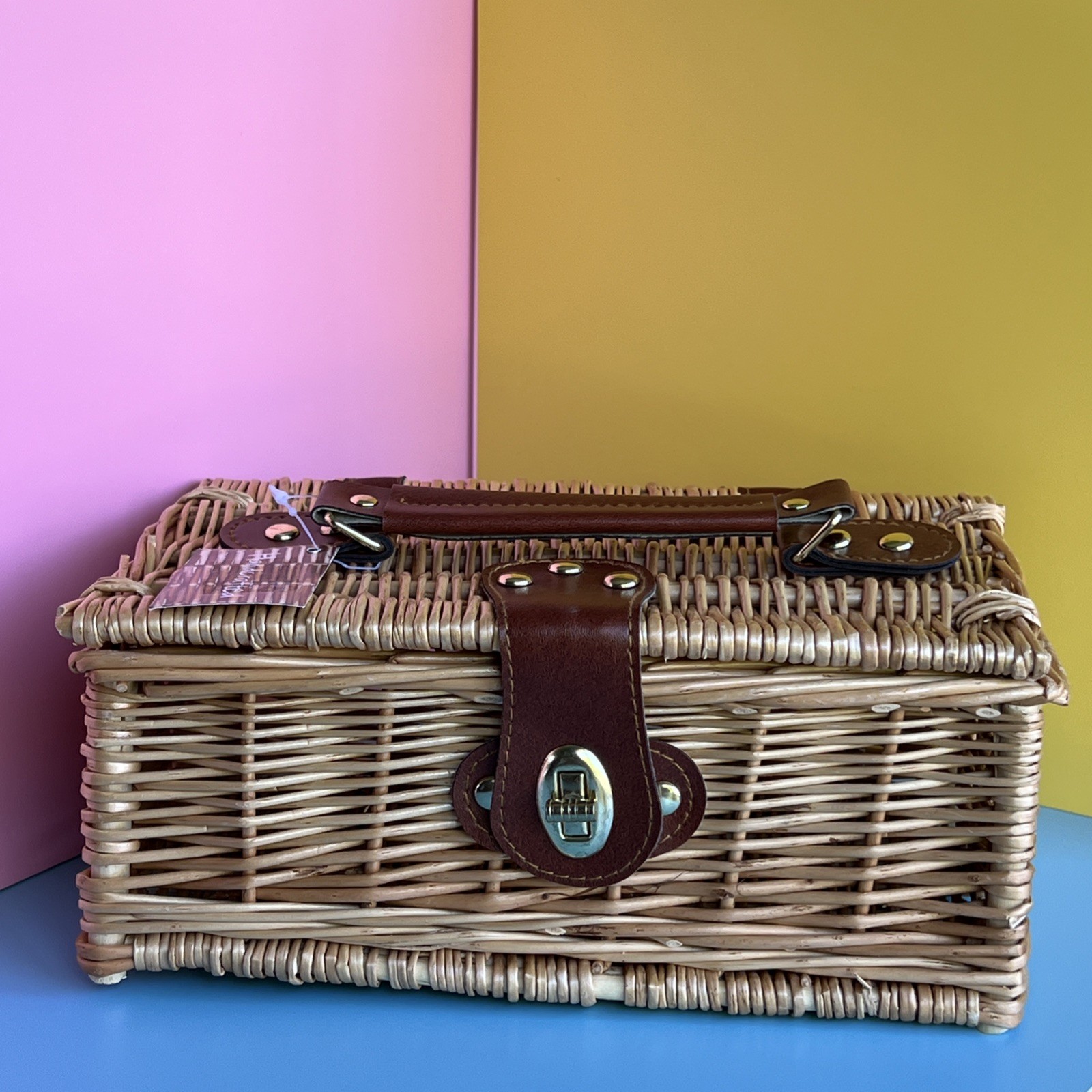 Wicker Basket Case with Faux Leather Strap Handles & Lock Latch No Liners