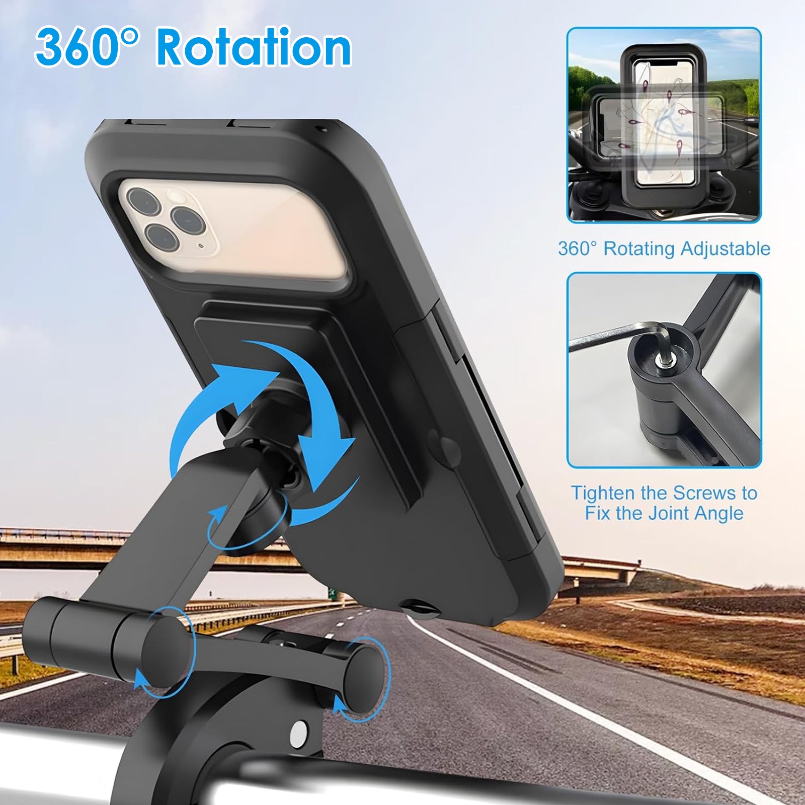 Motorcycle Bicycle Phone Mount Waterproof Case 360° Rotatable Handlebar Holder