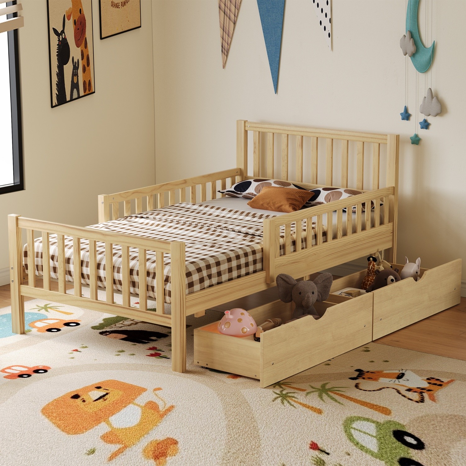 Twin Size Wood Platform Bed Frame with 2 Drawers and Guardrails Natural/Walnut