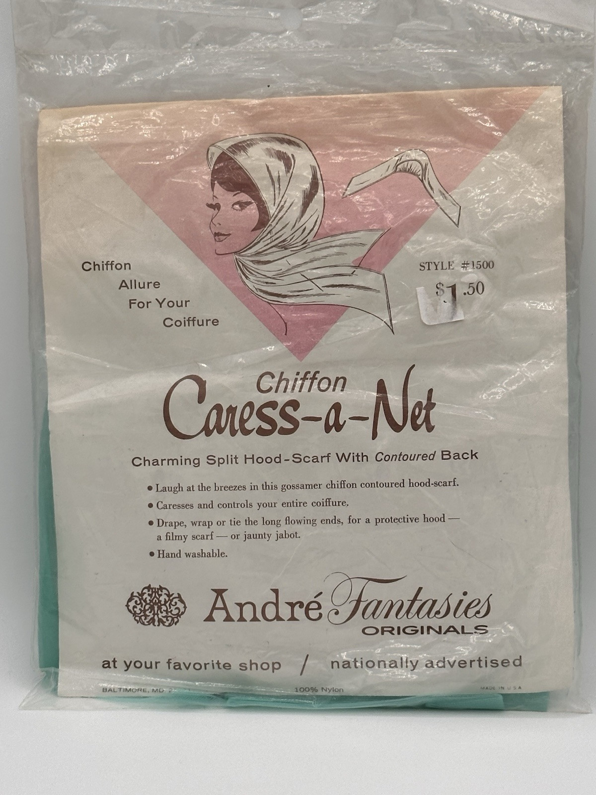 Caress a Net André Fantasies Original Vintage Chiffon Scarf Turquoise MCM ‘60’s