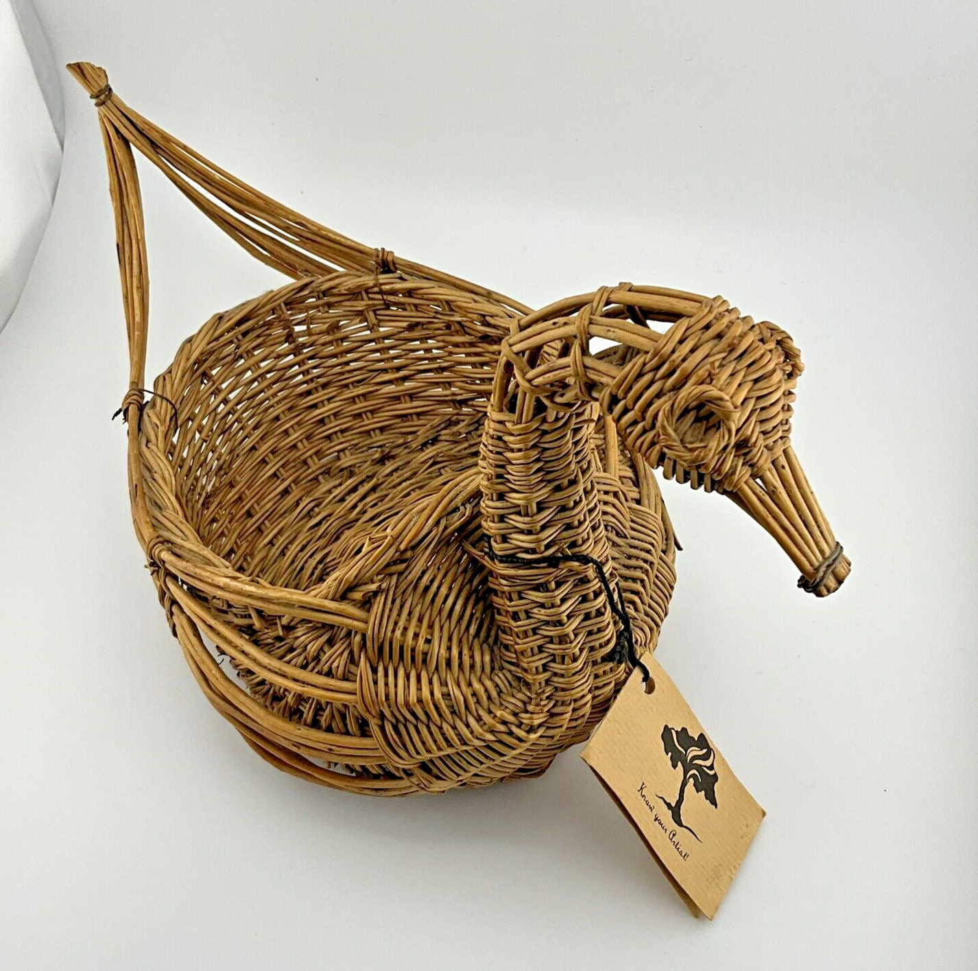 Artist Hand made Rattan Grass Bamboo Duck Basket with Artist Tag Jake R. Flores