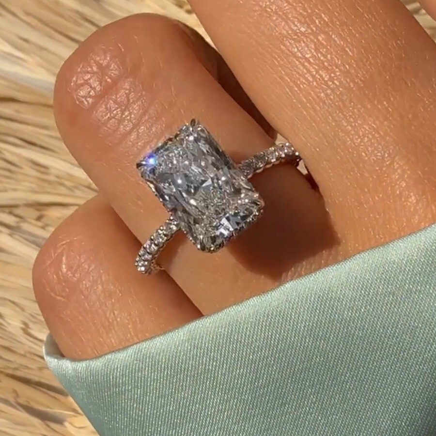 3Ct Radiant-Cut  Moissanite Hidden Halo Engagement Ring 14k White Gold Plated