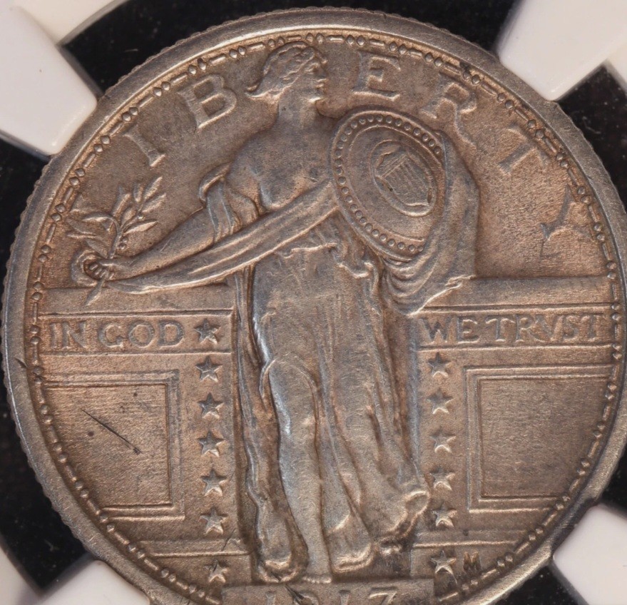 1917 P Type1 Standing Liberty Quarter . NGC AU58 . FULL HEAD . Very Choice TONER