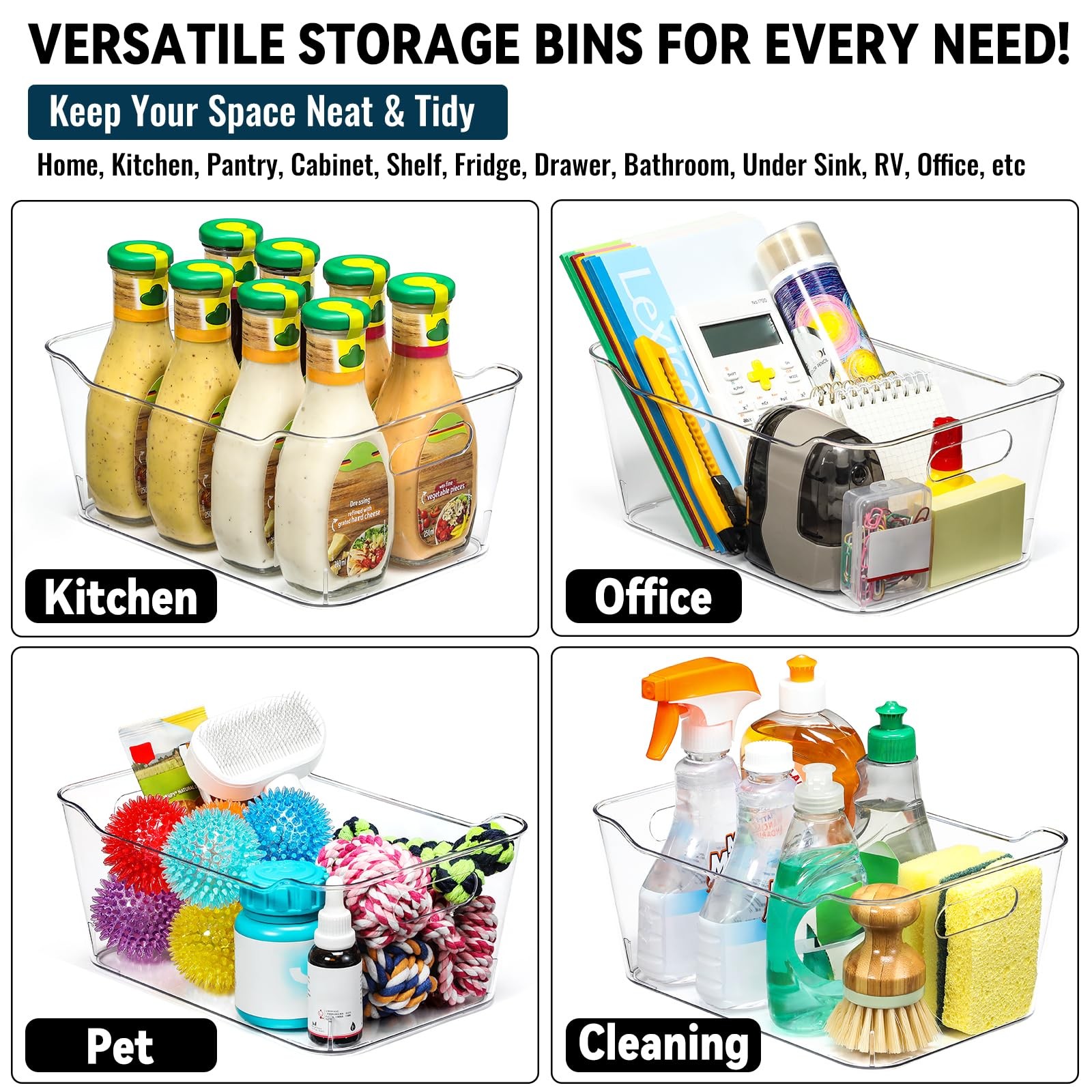 12 PACK Multiuse Clear Plastic Storage Bins for Organizing w/ Medium,