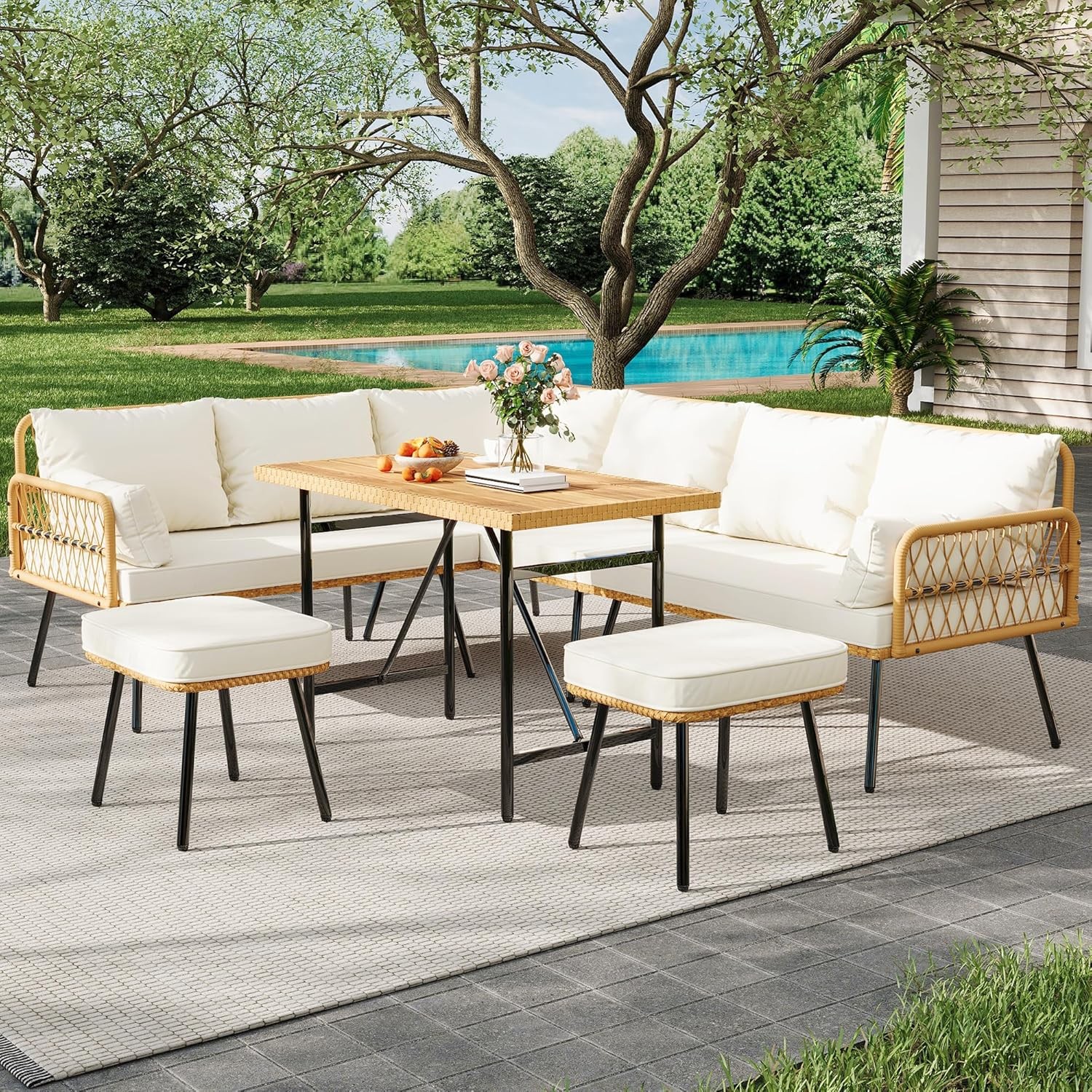 6 Pieces Patio Furniture Set with Table, Rattan Patio Sectional L-Shaped Sofa