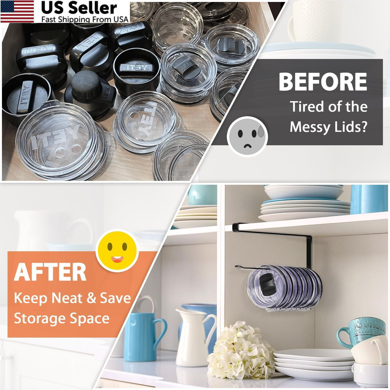 Tumbler Lid Organizer, Horizontal Storage Hook Up 1 Pack, Black