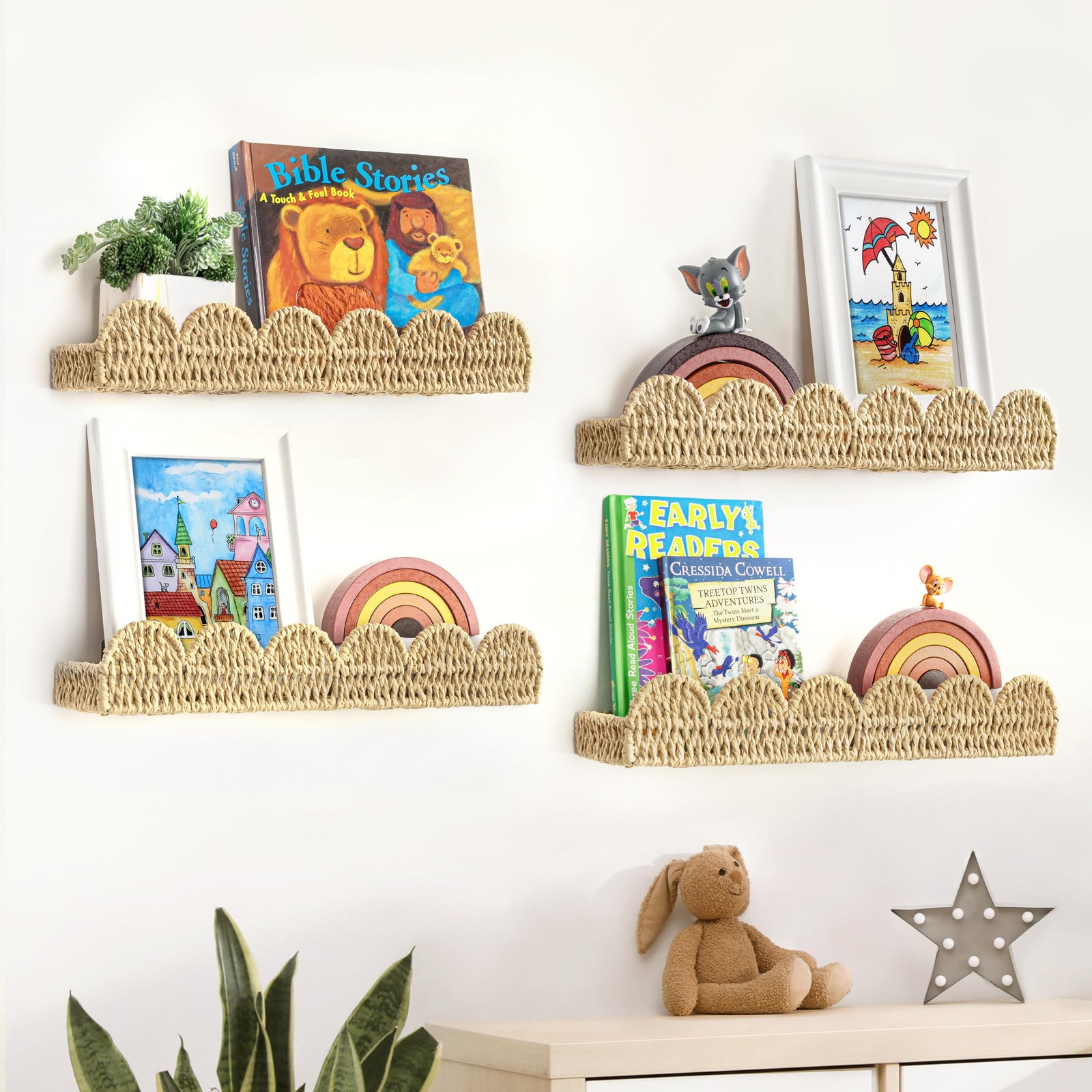 Scalloped Nursery Bookshelf, Set of 4, Picture Ledge Shelf for Wall Decor, Wo...