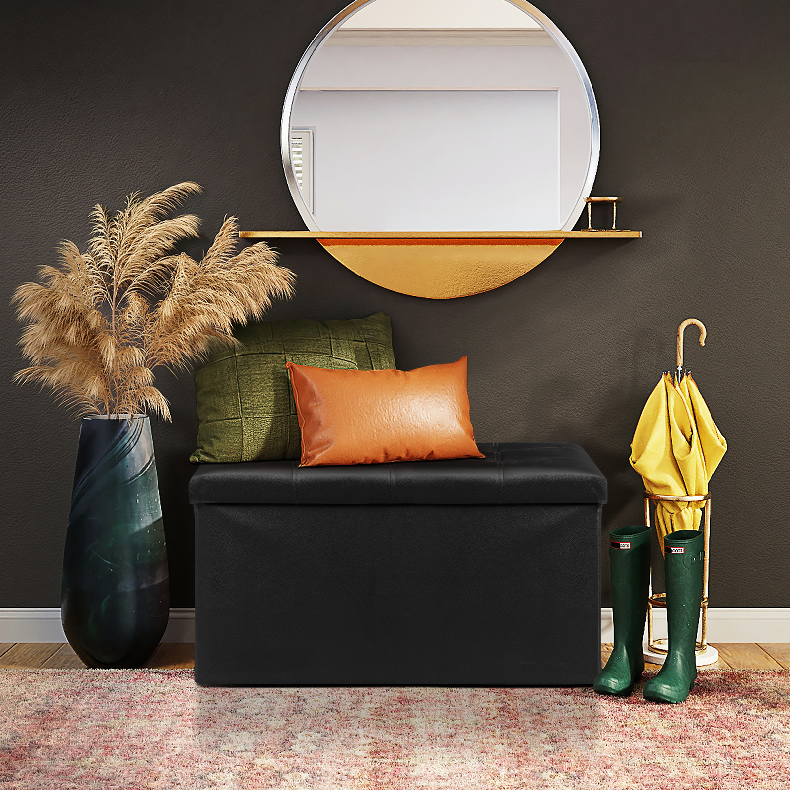 30" Folding Storage Ottoman Footstools MDF Frame Hallway Soft Seat Black