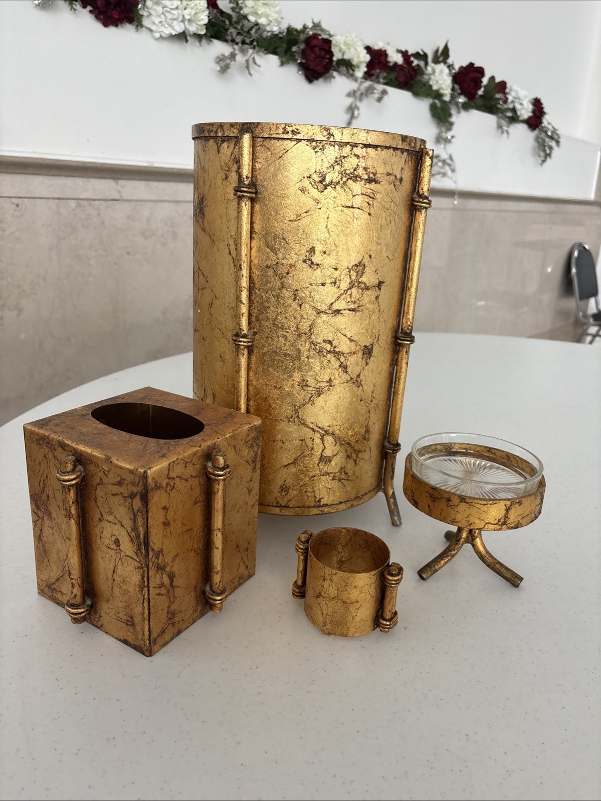 Hollywood Regency Gold Tone Bathroom Set Trash Tissue/soap & Toothbrush Holder