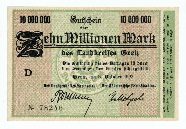 GERMANY BANKNOTE 10 MILLION MARK GREIZ 1923