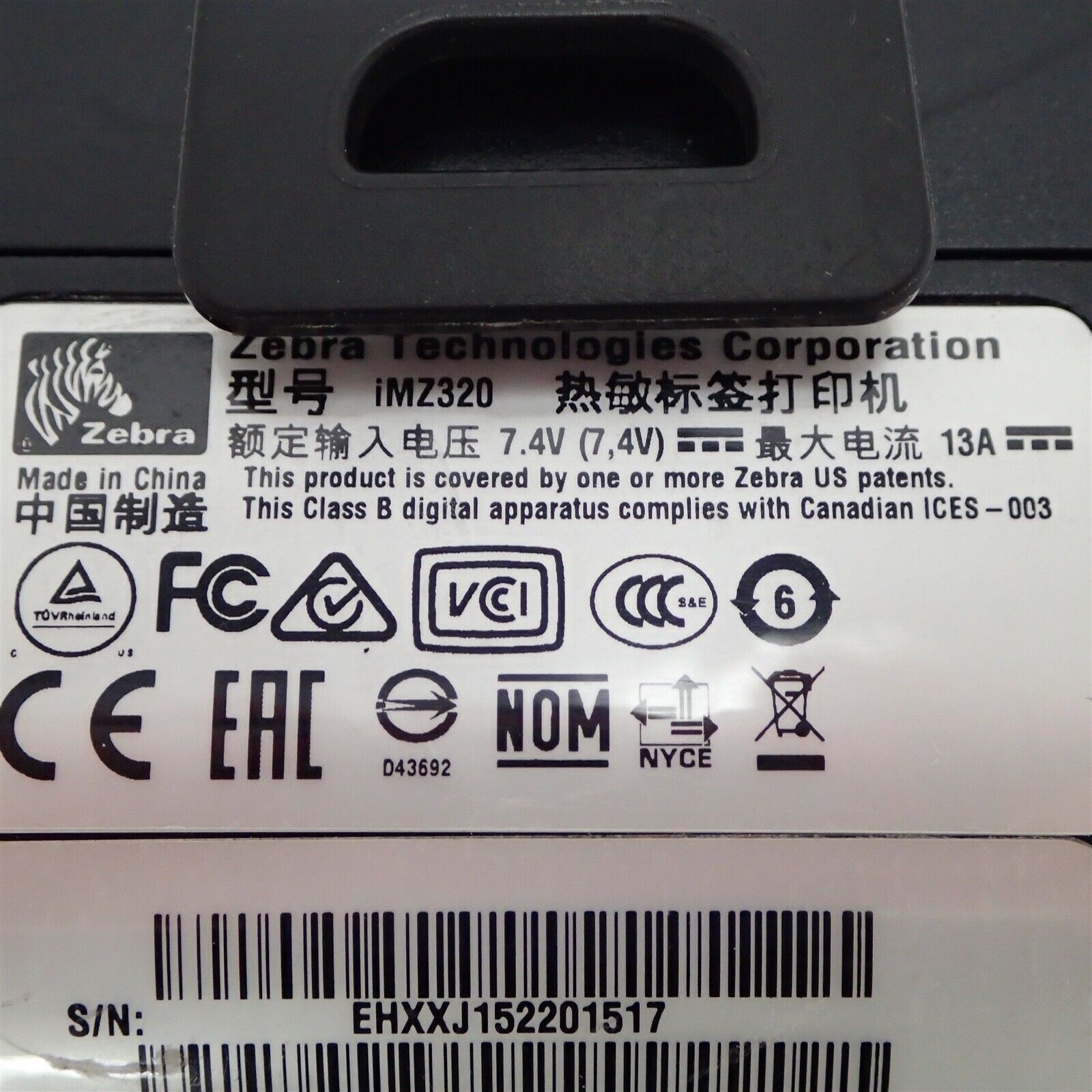 Zebra iMZ320 Mobile Wireless Bluetooth Thermal Receipt Printer M3I-0UB00010-02