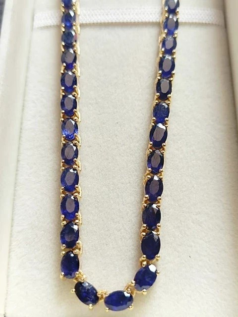 Tennis 18" Women Necklace 14K Yellow Gold Plated Oval Lab Created Sapphire
