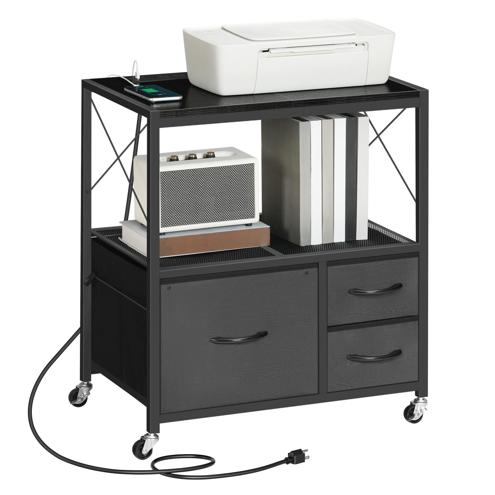 MAHANCRIS 3 Drawer File Cabinet with Charging Station, Mobile Printer Stand