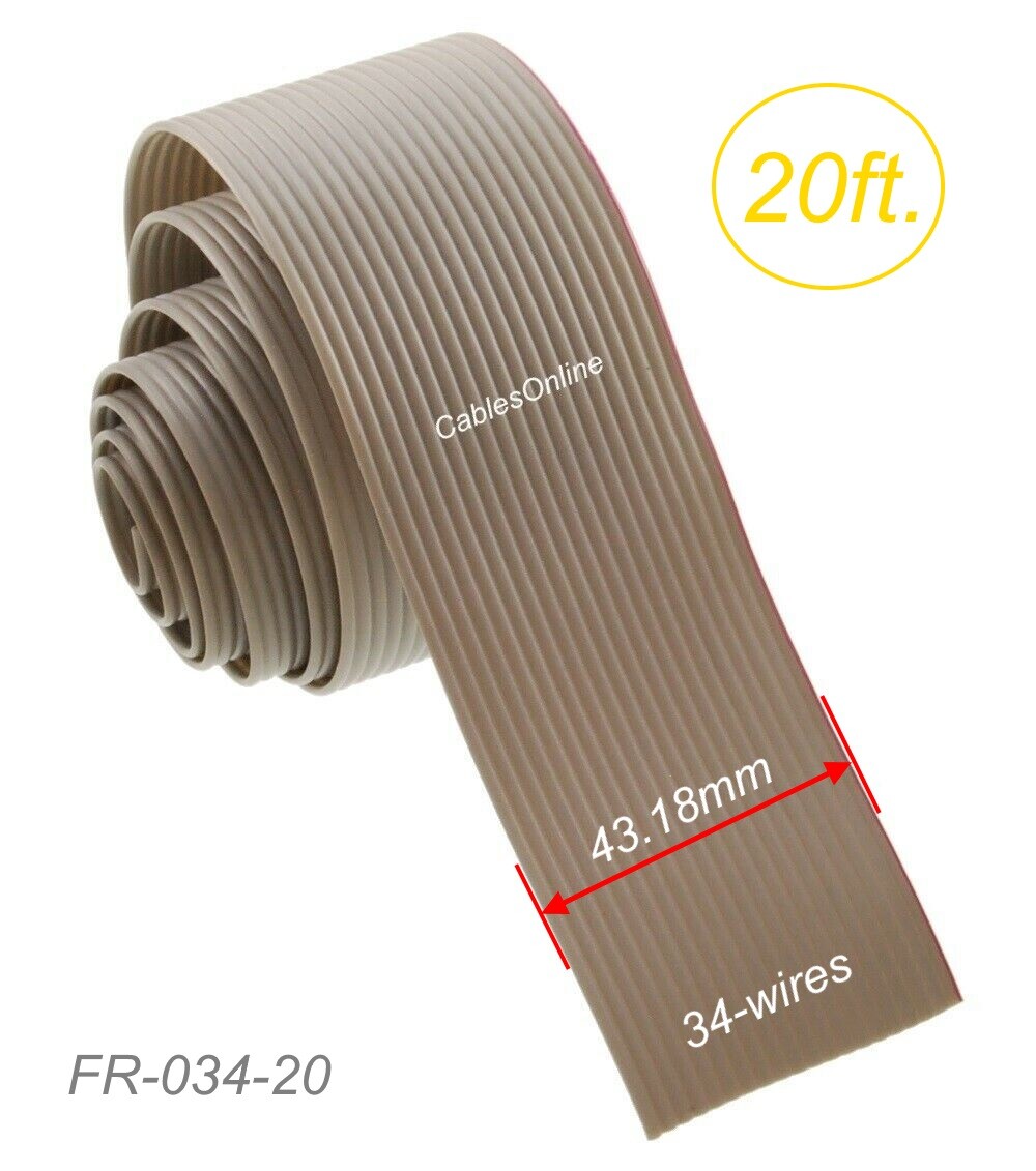 20ft Bulk 1.27mm Pitch 34-Wire Flat Ribbon Cable for 2.54mm FC Connectors