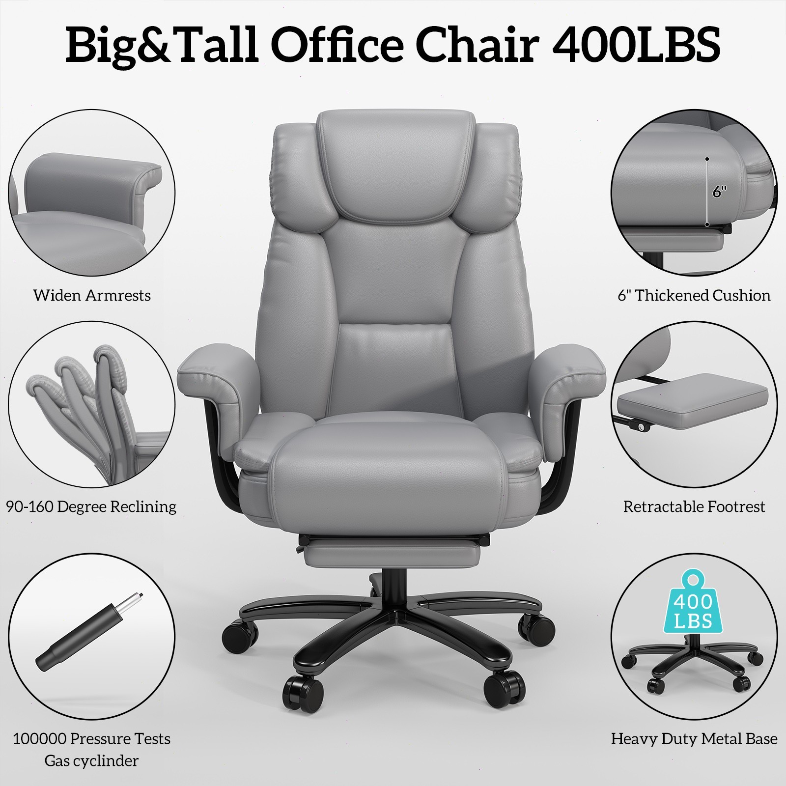 Big and Tall Office Chair Reclin with Footrest High Back Desk Chair 400LBS Gray