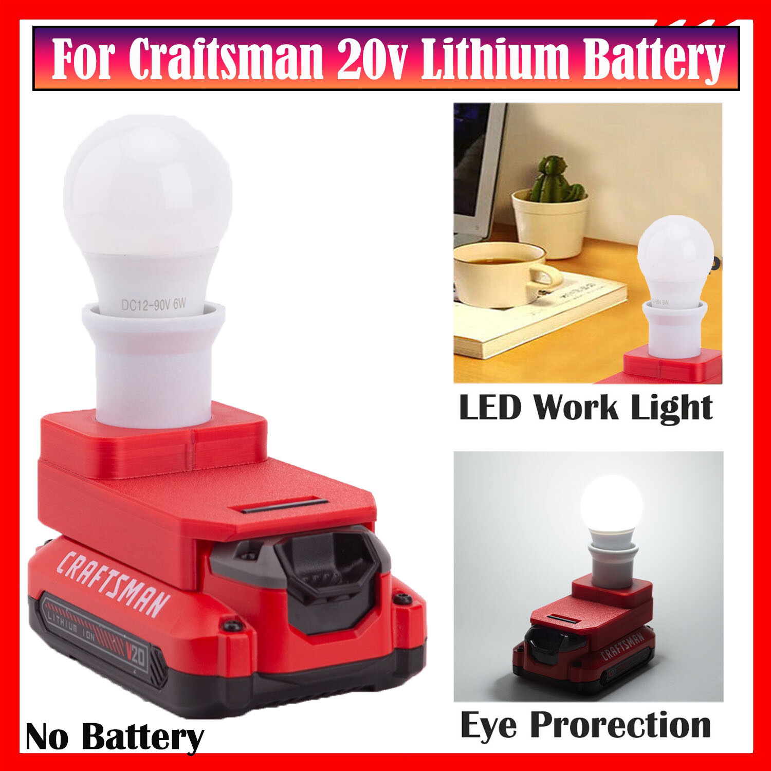 Portable LED Work Light For Craftsman 20V Series Lithium Battery E27 Bulb Lamp