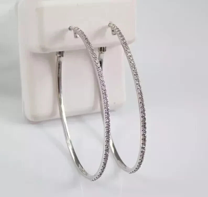 Women 3 Ct Round Cut Moissanite Large Huggie Hoop Earrings 14K White Gold Plated