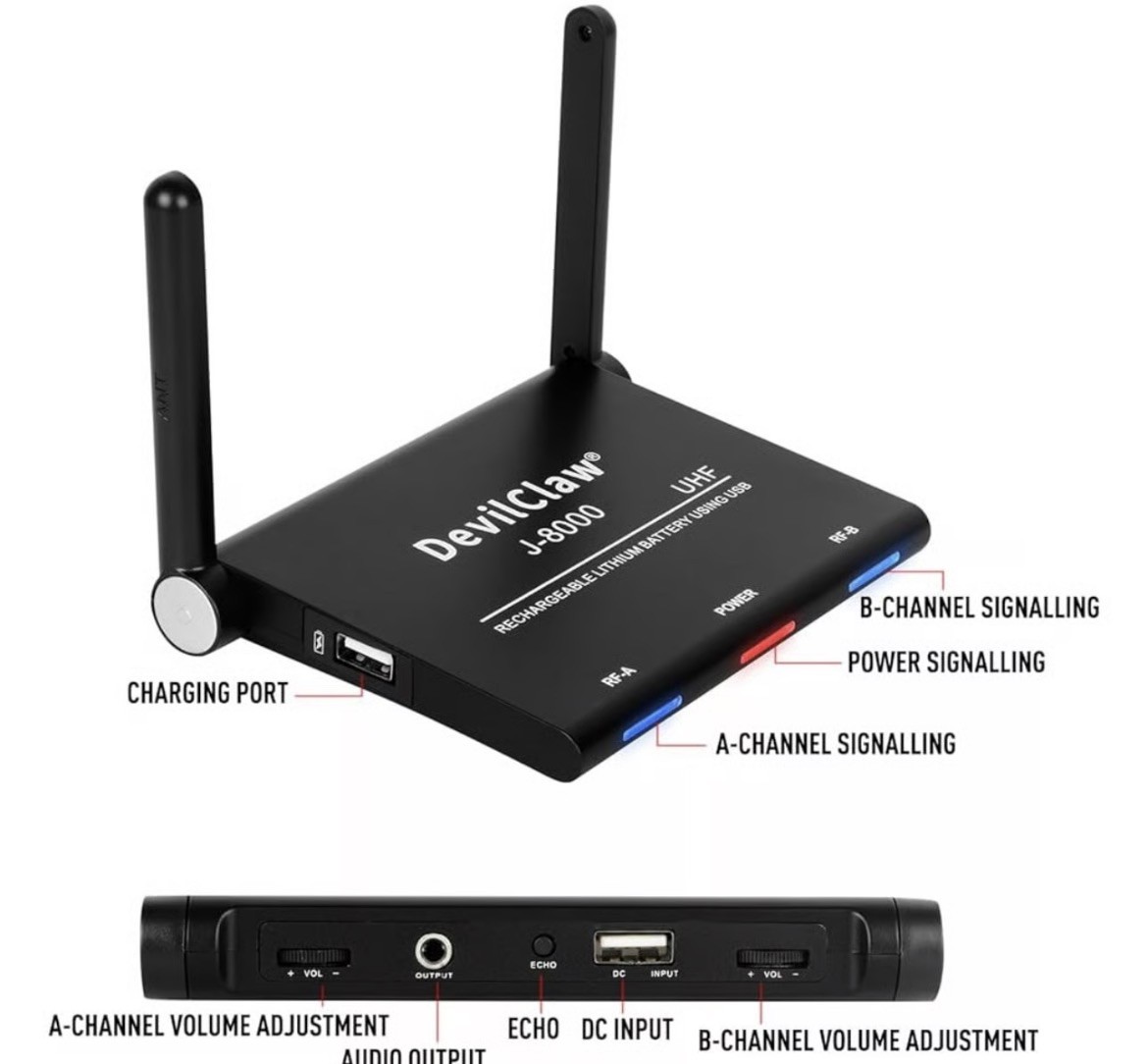 Devil Claw J-8000 Wireless Microphone System, 2 Dual Wireless Mics 262ft Range