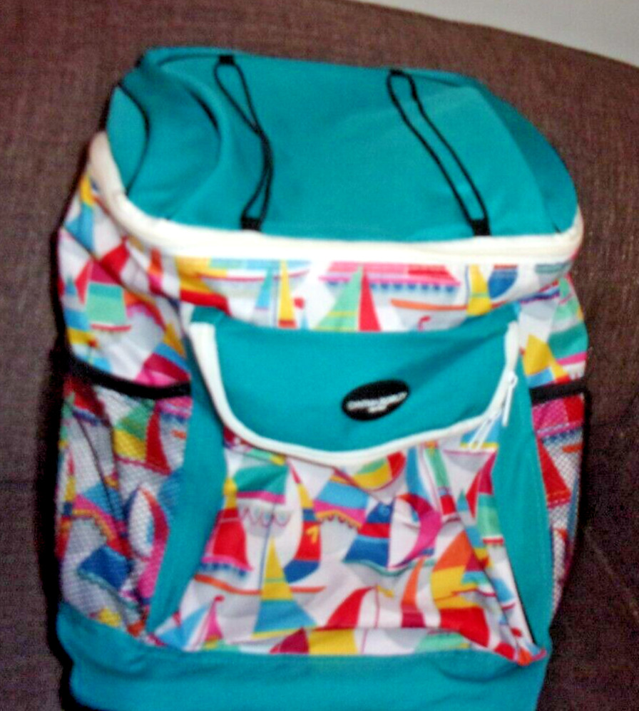 Cynthia Rowley Soft Cooler Bag Beach Tote Rolling Bag Back Pack Teal Sailboats
