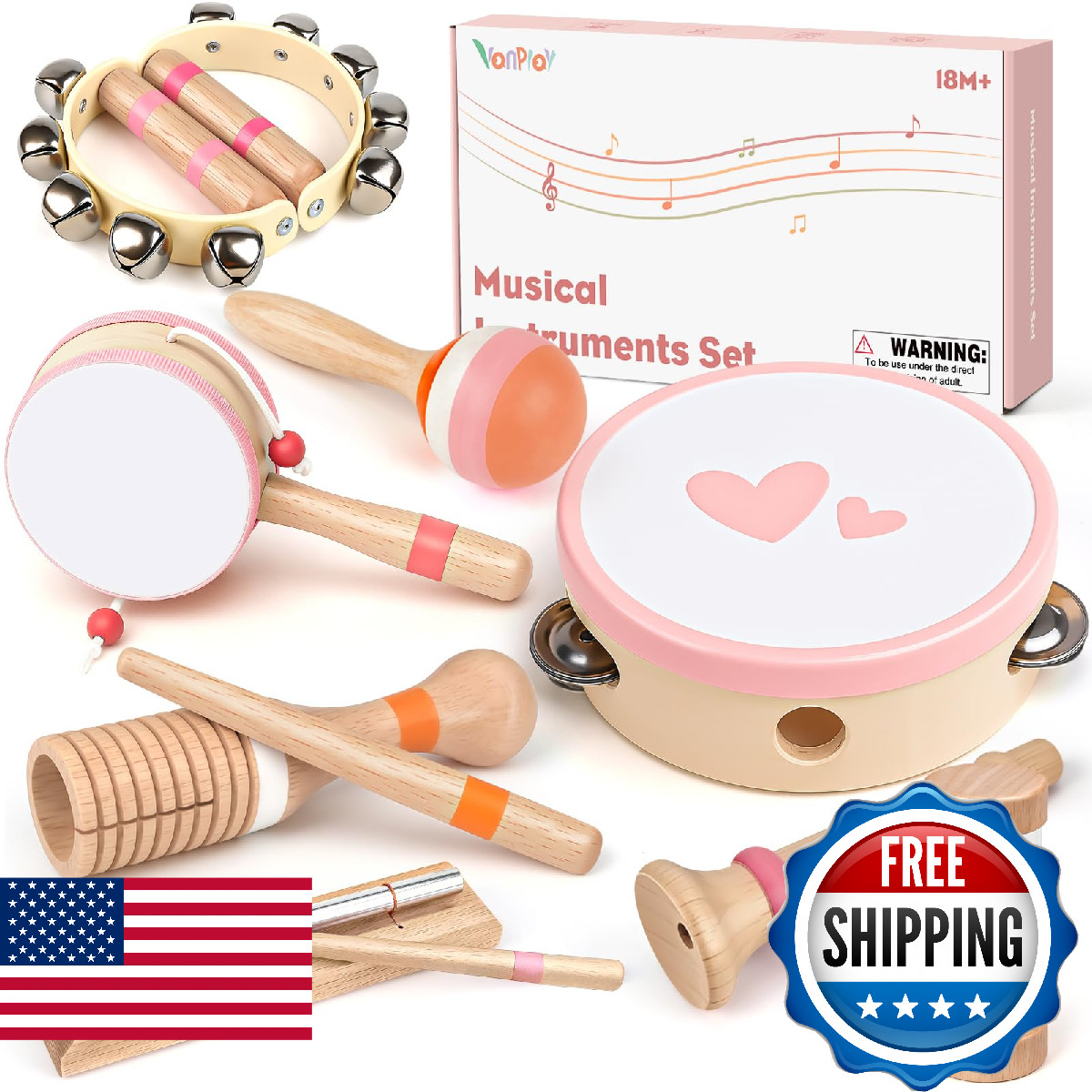 Musical Montessori Toys for 2-3 Year Old Girls - 8pc Wooden Instrument Set