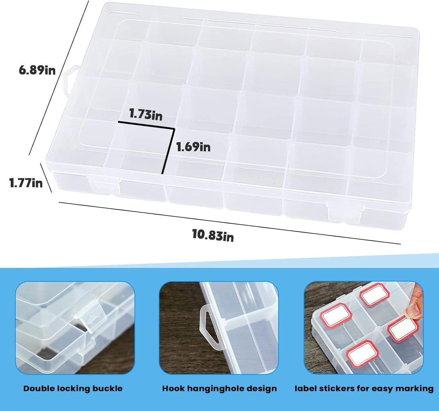 2Pack 24-Grid Clear Plastic Bead Organizer Box with Adjustable Dividers | Clear