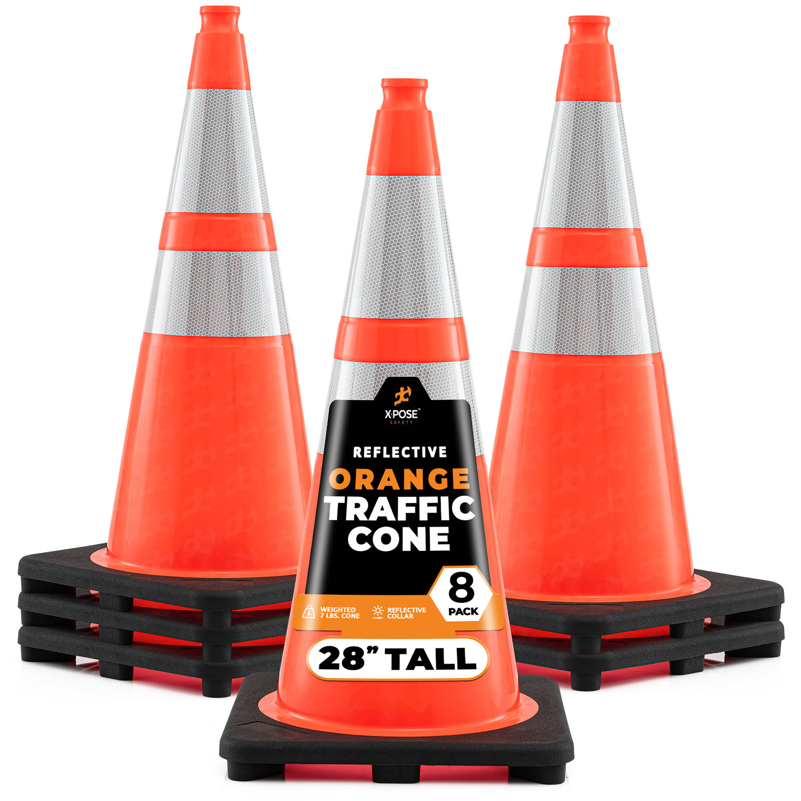 8 Pack Orange Traffic Cones 28 Inch with 6" & 4" Collar, PVC Plastic