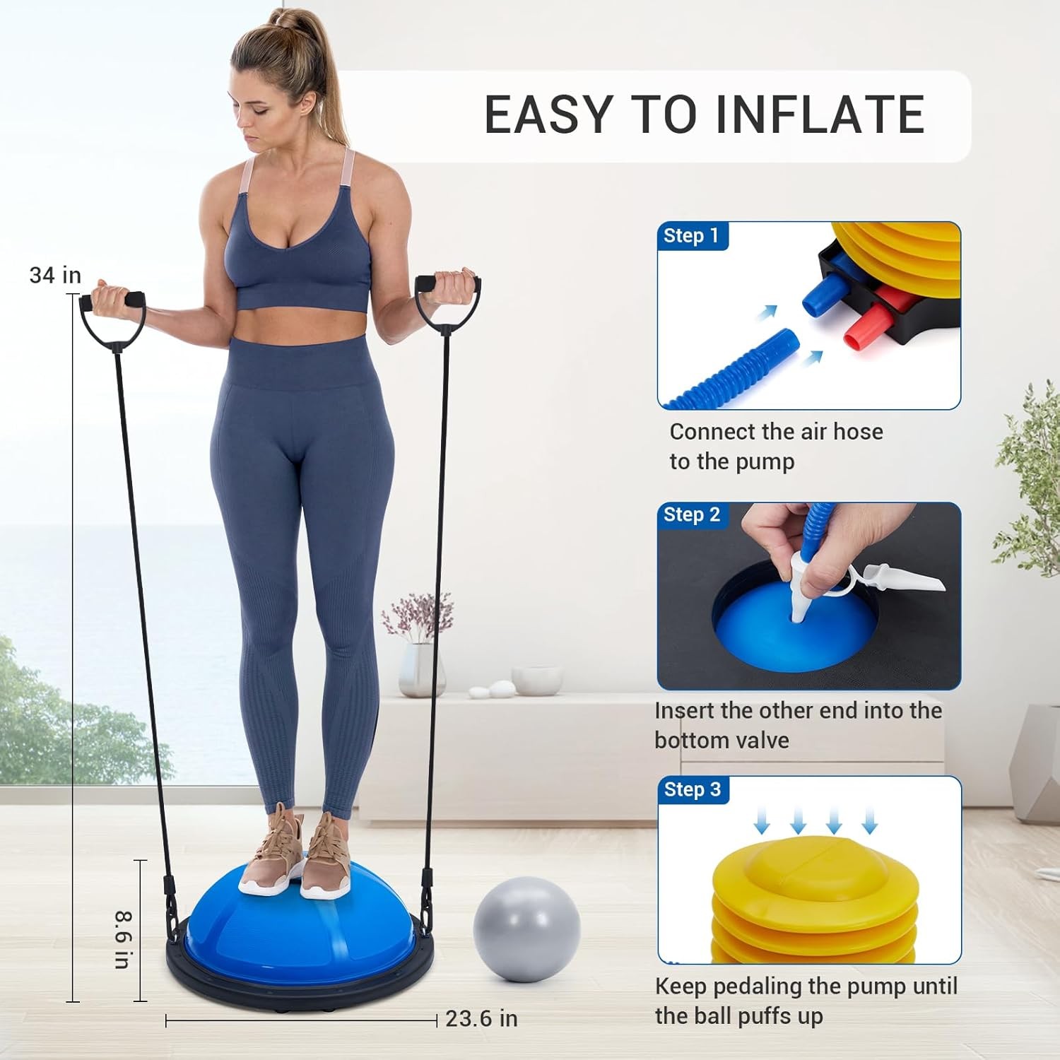 23" Half Exercise Ball Trainer Yoga Balance Stability Ball Resistance Band New