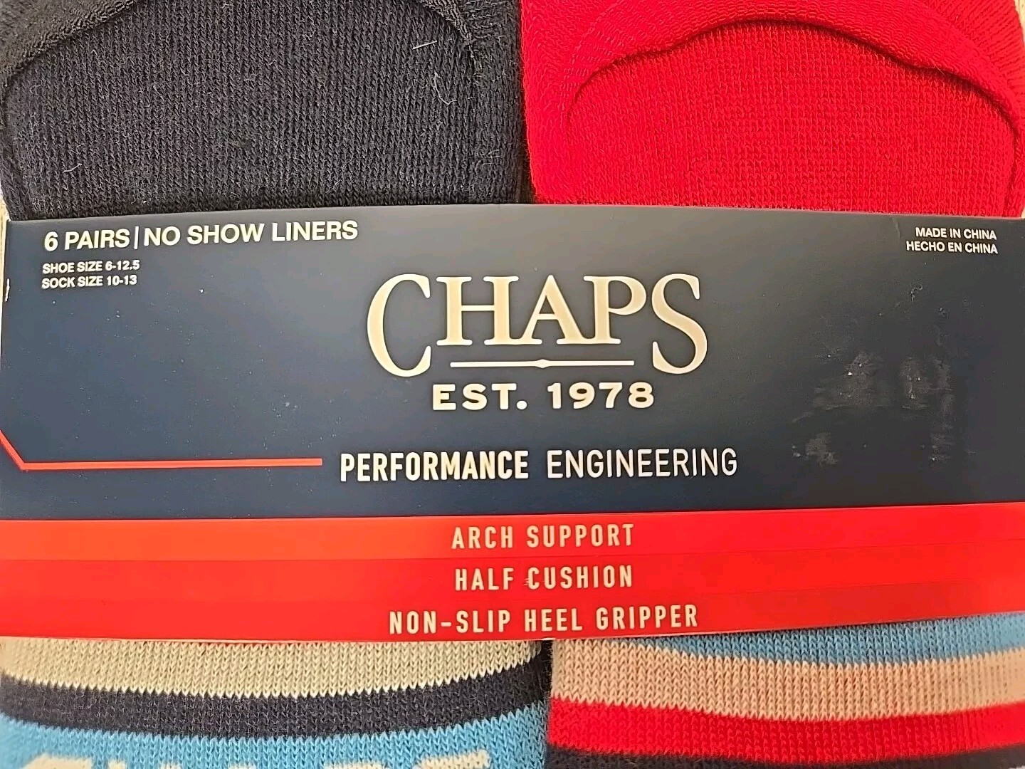 CHAPS Socks No Show Liners Shoe Sz 6-12.5 Mens 6pk Performance Red Blue NEW