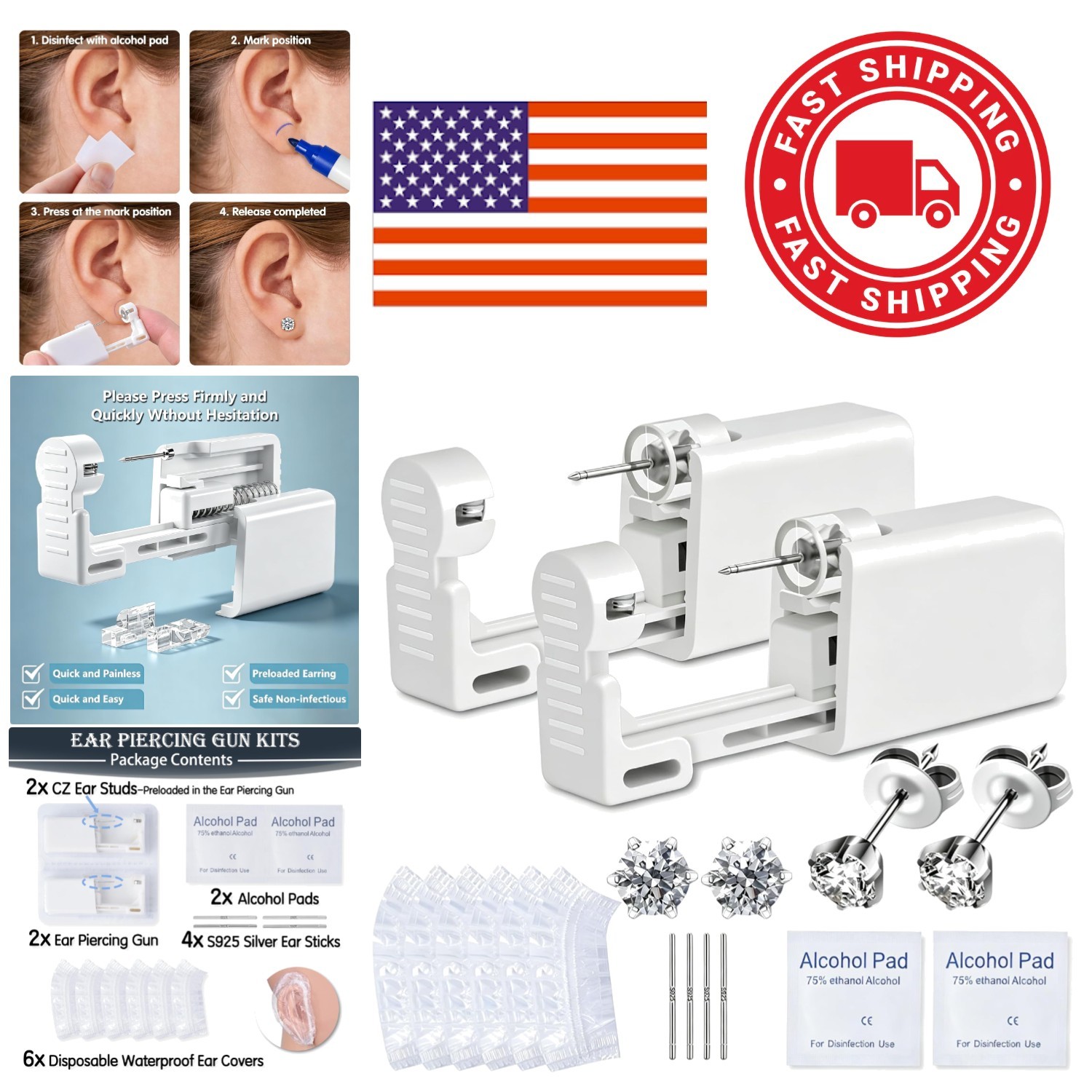 Complete Ear Piercing Kit with Two Disposable Guns and 5mm Hypoallergenic Studs