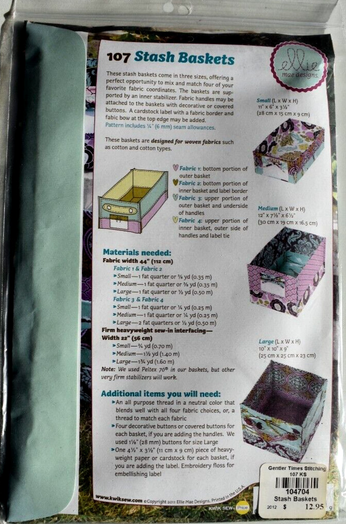 ELLIE MAE CRAFT DESIGN PATTERN 107 STASH BASKETS 3 SIZES UNCUT FF