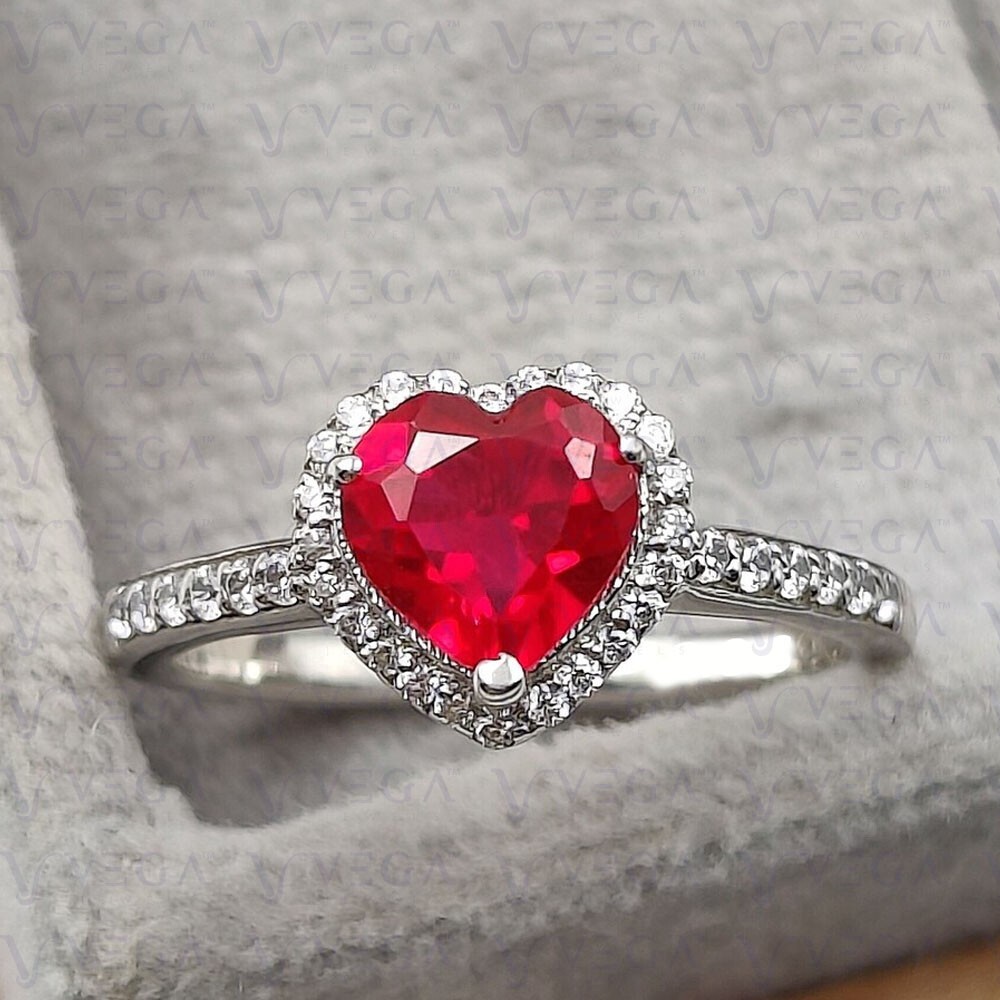 3.52Ct Heart Shape Natural Ruby & Diamond 100% 14k SOLID White Gold Wedding Ring