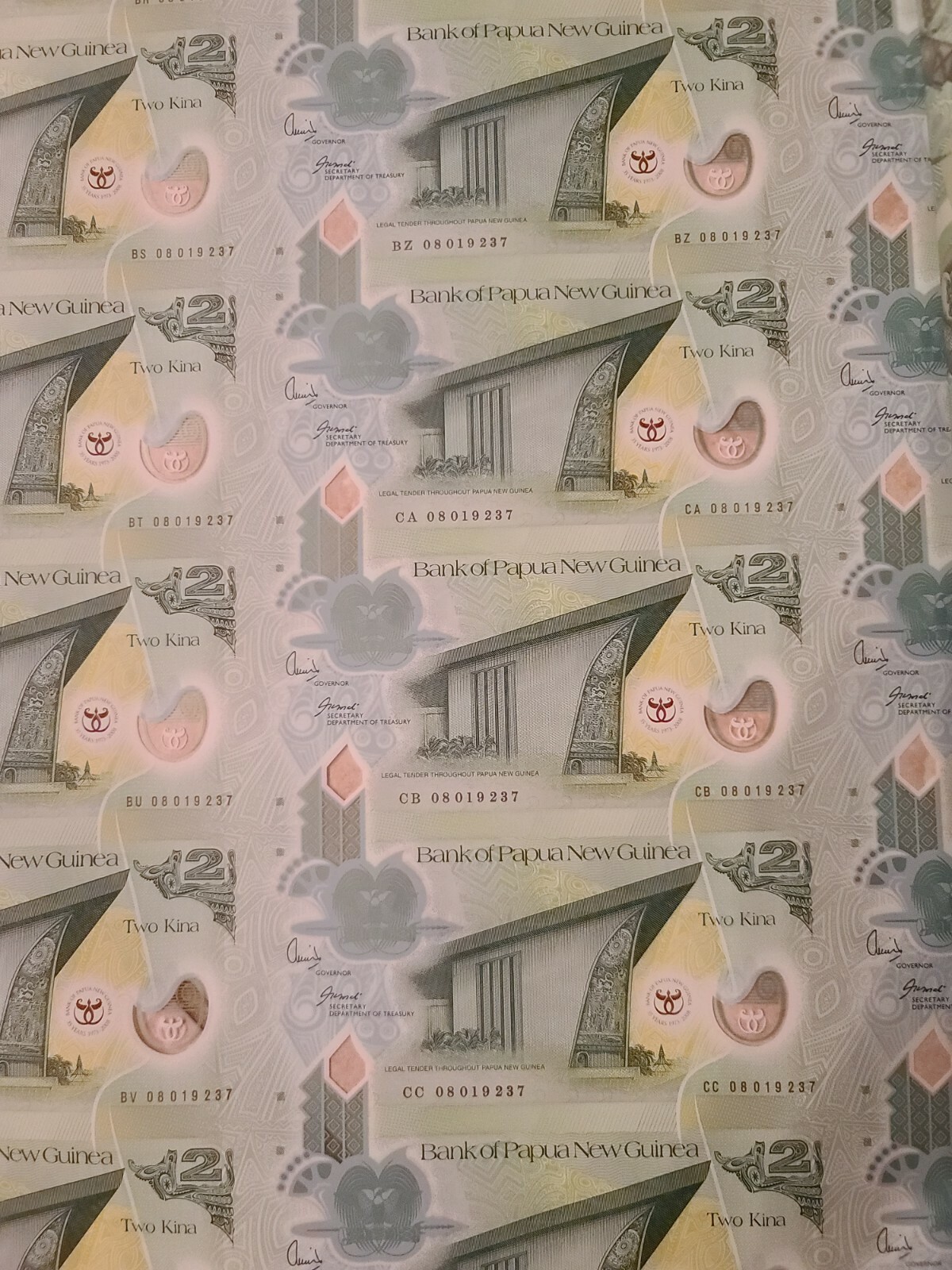 Papua New Guinea 2 Kina 2008 P35 UNC - Polymer / Uncut full sheet of 35