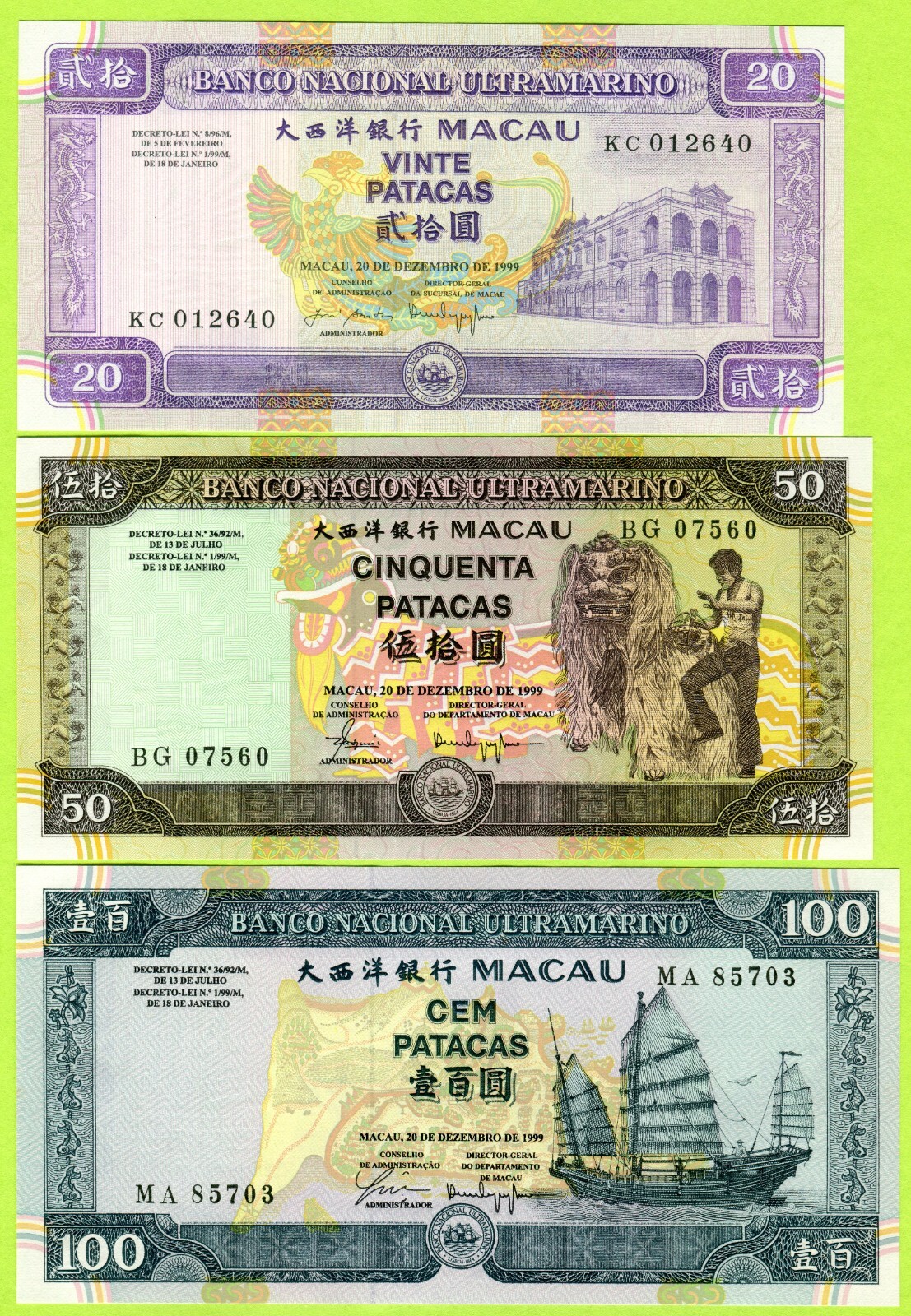 Macao (Macau) 20 50 100 Patacas 1999 P71 P72 P73 UNC