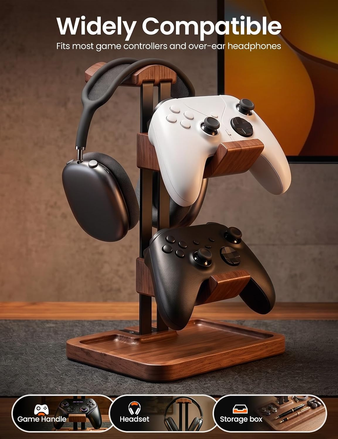 LOXP Walnut Headphone and Controller Stand, 2-In-1 Holder with Storage | Solid W