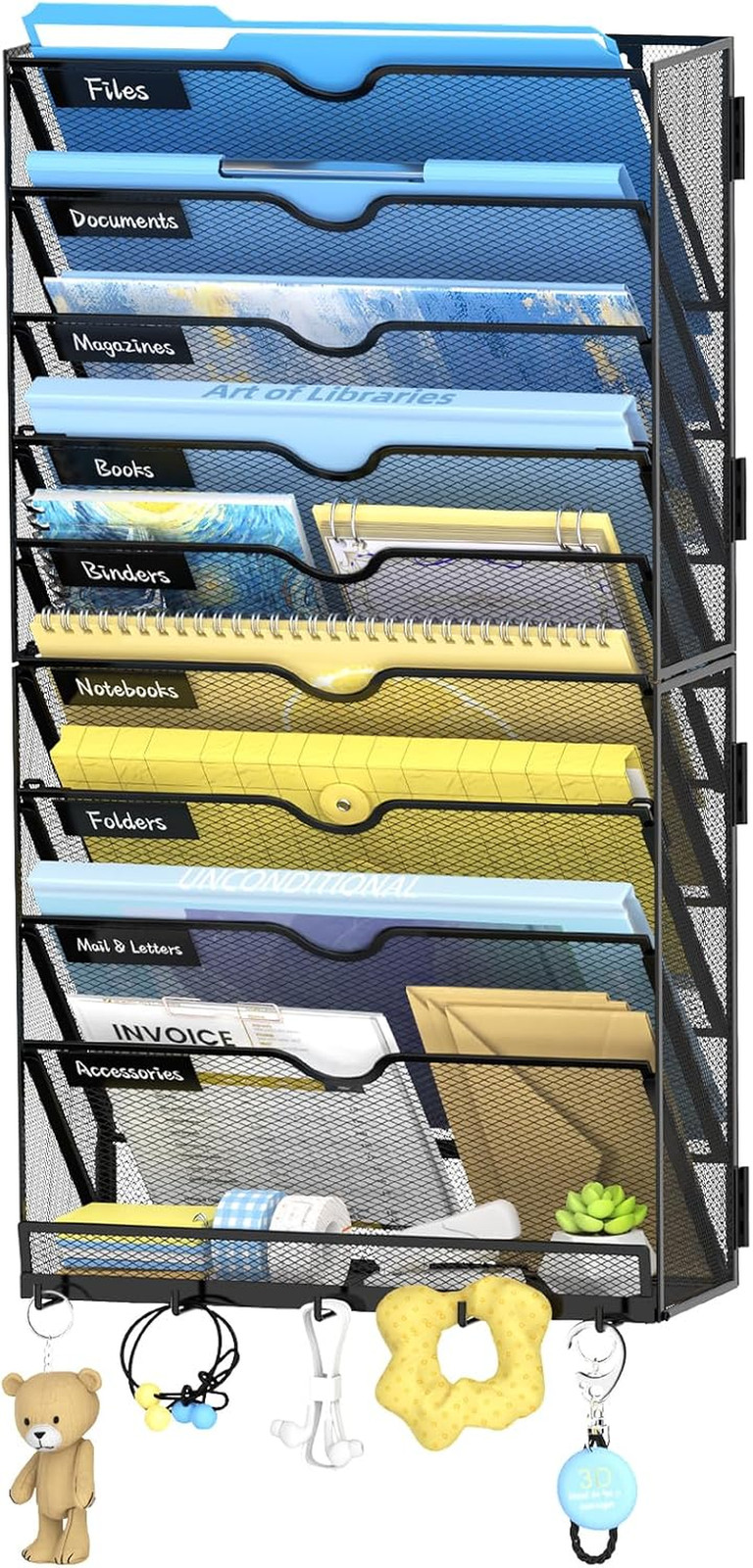 10-Tier Wall File Organizer with Hooks, Hanging File Organizer | Metal Mesh Mail