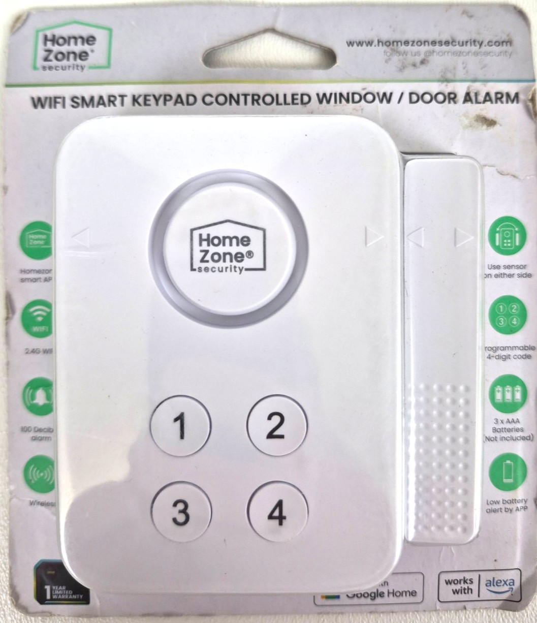 Homezone Wi-Fi Smart Wireless Window/Door Alarm Sensor, White Free Ship