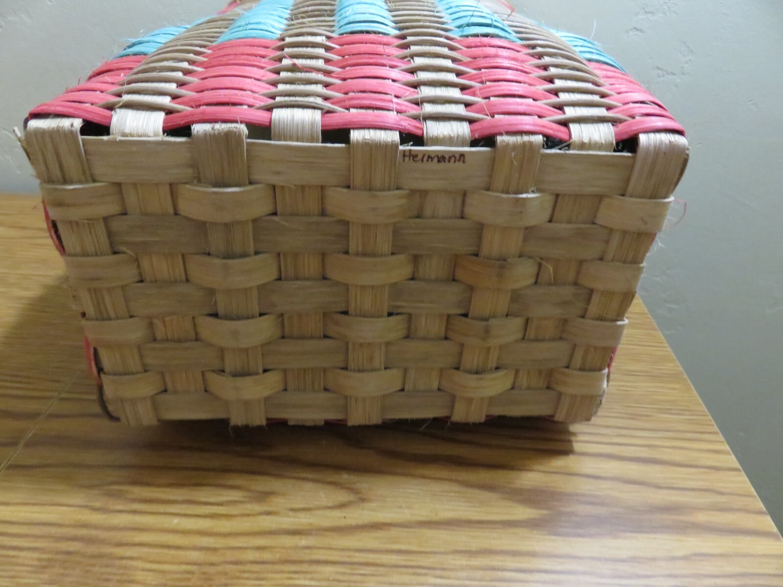 TALL WOVEN WOOD BASKET ORANGE BLUE ARTIST SIGNED 10 X8 X6"
