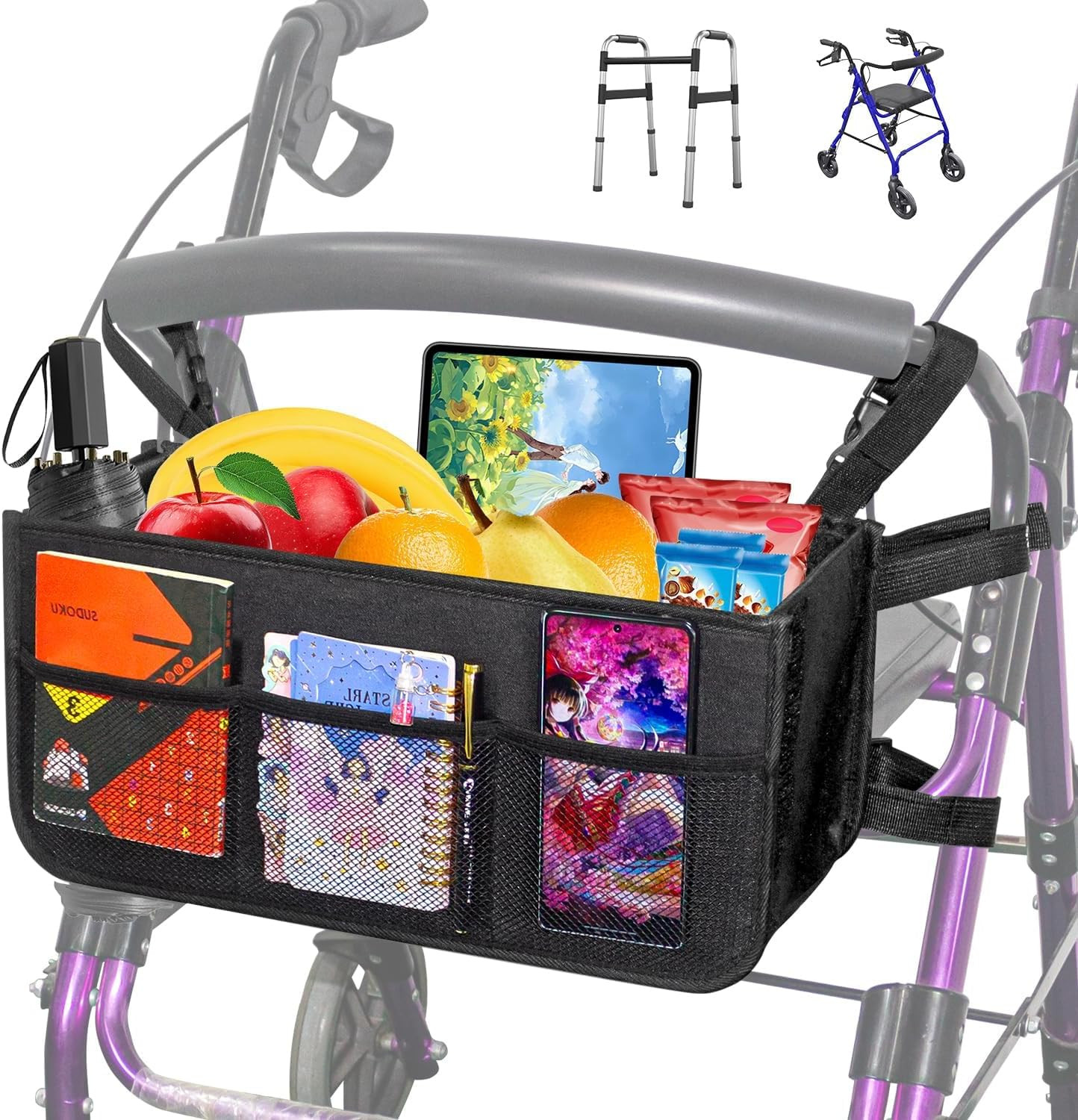 Upgrade Rollator Basket, Walker Basket Bag for Folding Walker Storage, Rollator