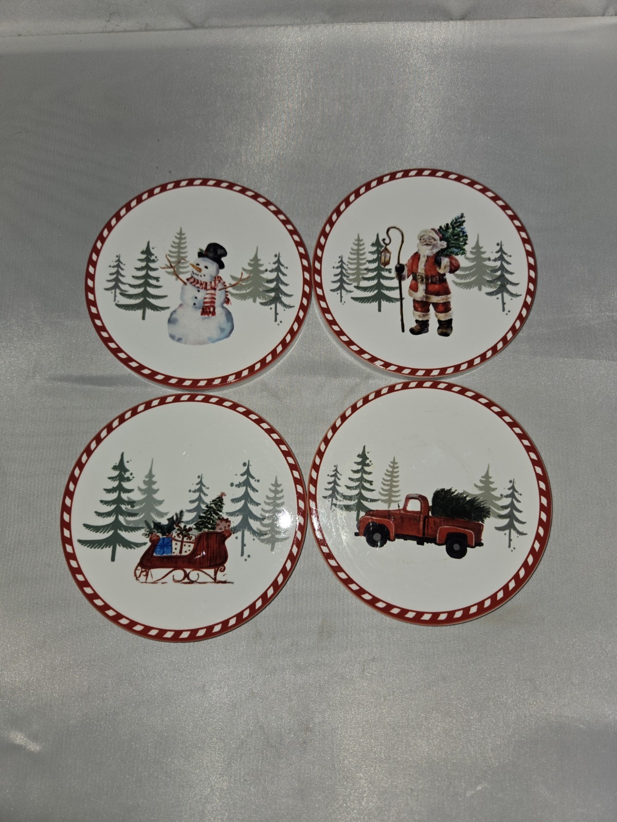 New! Christmas Ceramic Coasters Snowman Sleigh Santa Vintage Striped Truck 4ct