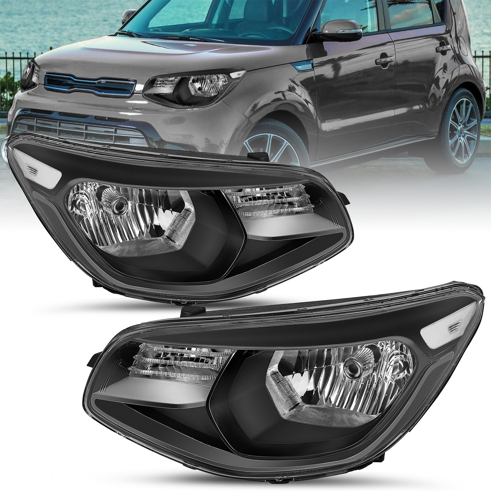 Black Housing Clear Corner Halogen Headlights Assembly For 2014- 2019 Kia Soul