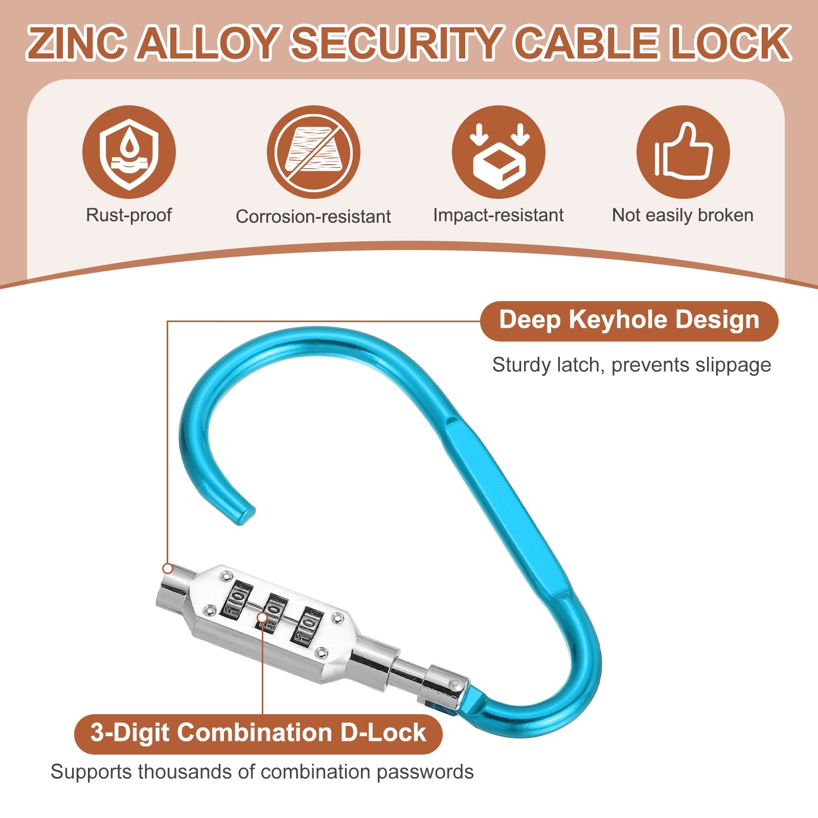 4.8" x 2.4" D-Shaped 3-Digit Code Combination Lock D-Ring Clip, Light Blue