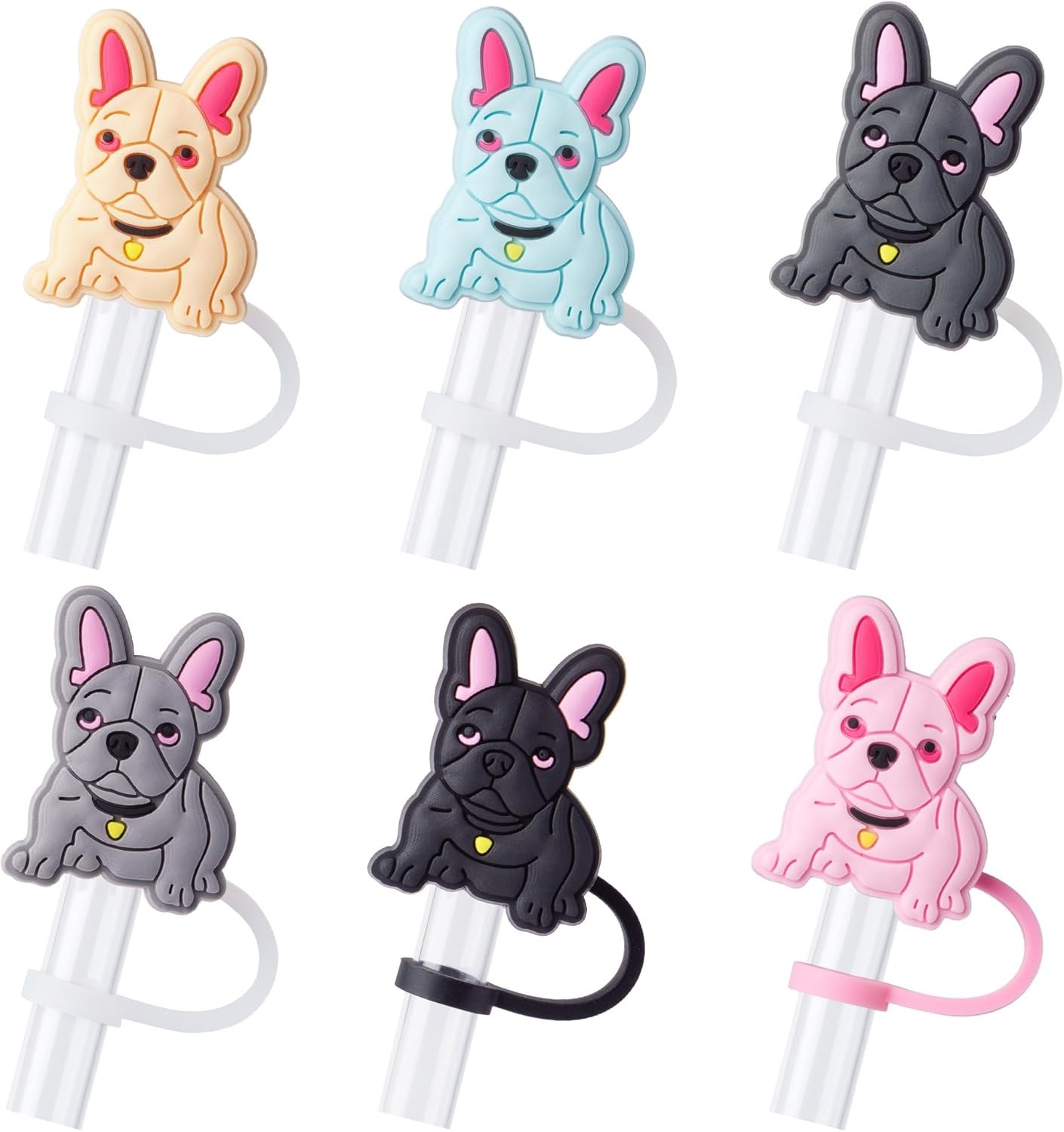 6Pcs French Bulldog Straw Cover Cap for Stanley Cup 40oz/30oz Tumbler, 10mm Reus