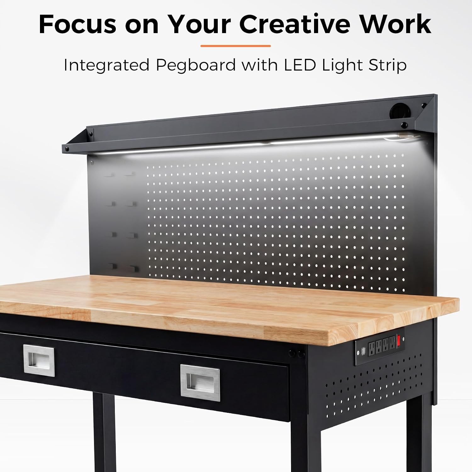 48" Adjustable Work Bench with Drawers Workbench for Garage with Strip Light
