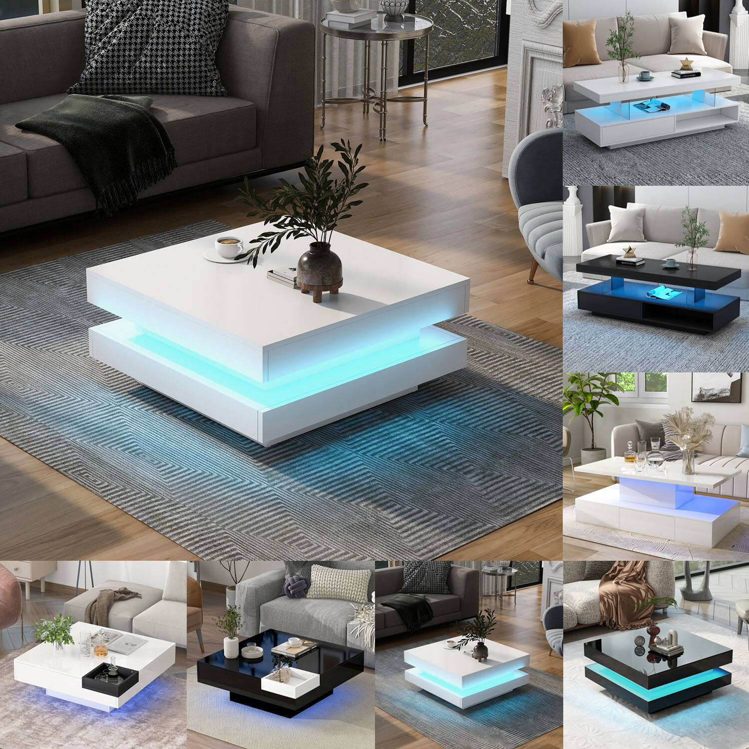 High Gloss Coffee Table Center Cocktail Table w/ LED Lights for Living Room
