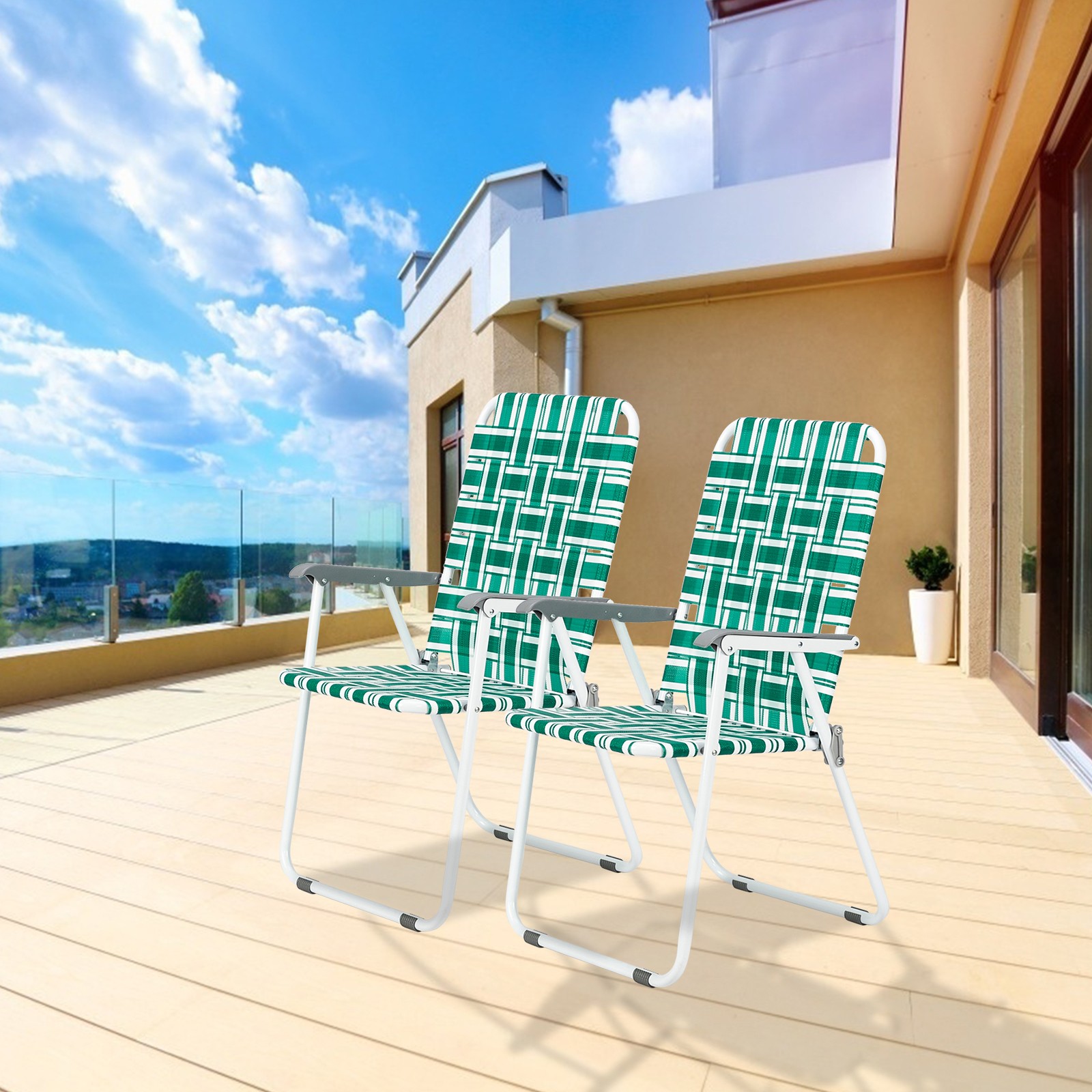 2pcs Portable Steel Tube PP Webbing Folding Beach Chair Light Green Strip