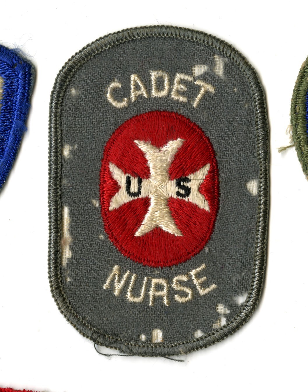 Cadet Nurse White Back Patch WWII Vintage embroidered on Gray Twill