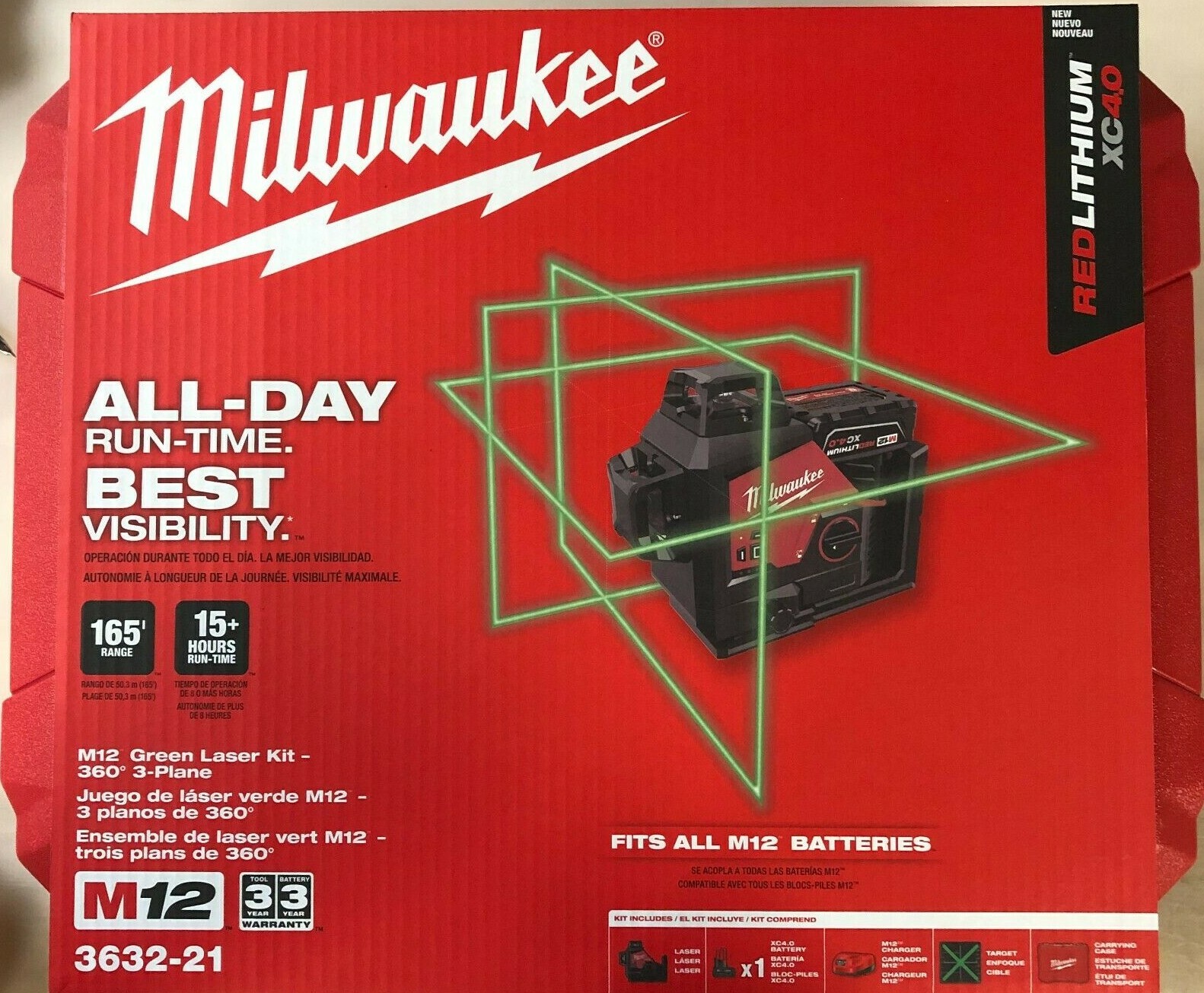 Milwaukee 3632-21 M12 360 degree 3 plane Green Laser kit New in Box