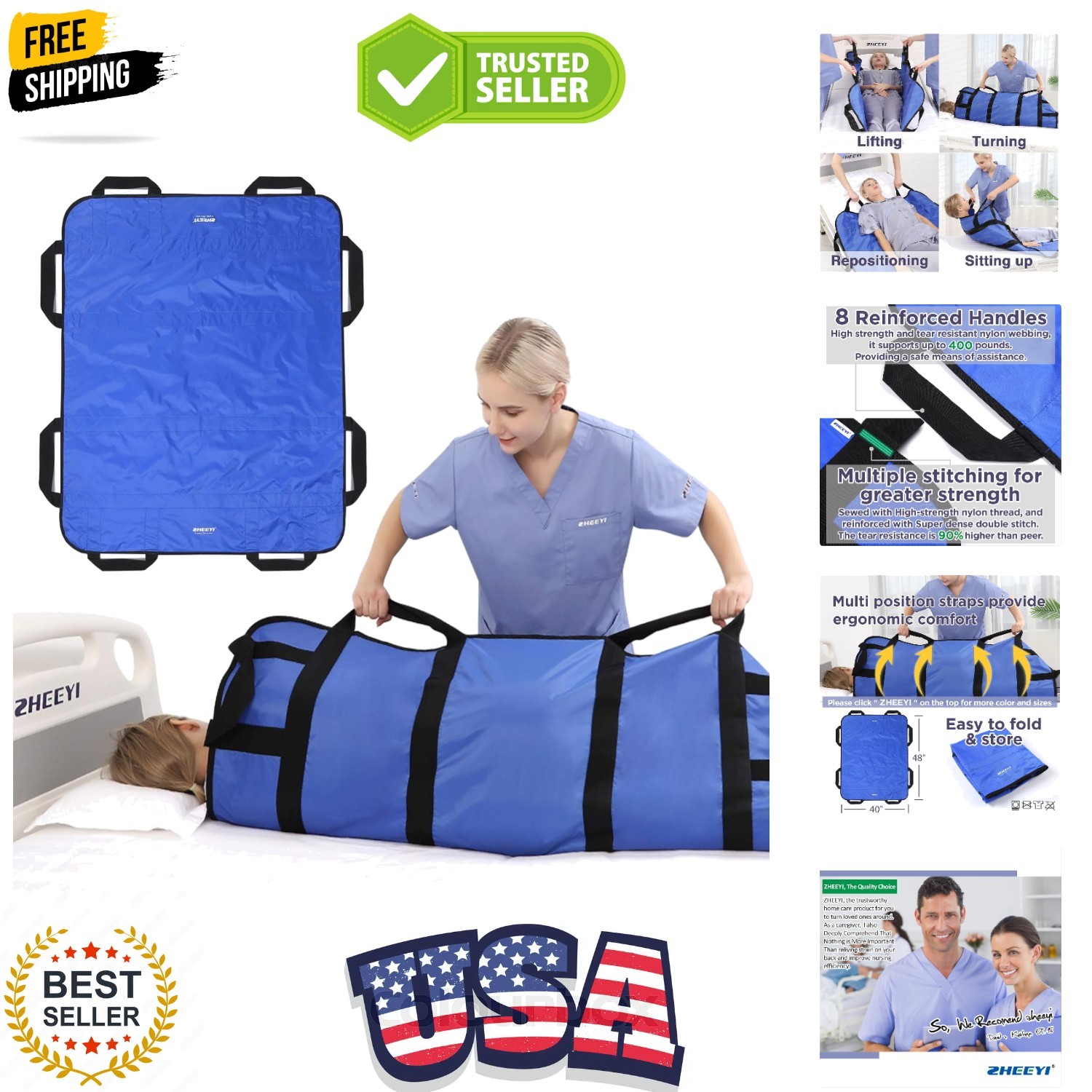 Multipurpose 48" x 40" Positioning Bed Pad with Reinforced Handles - Reusable...